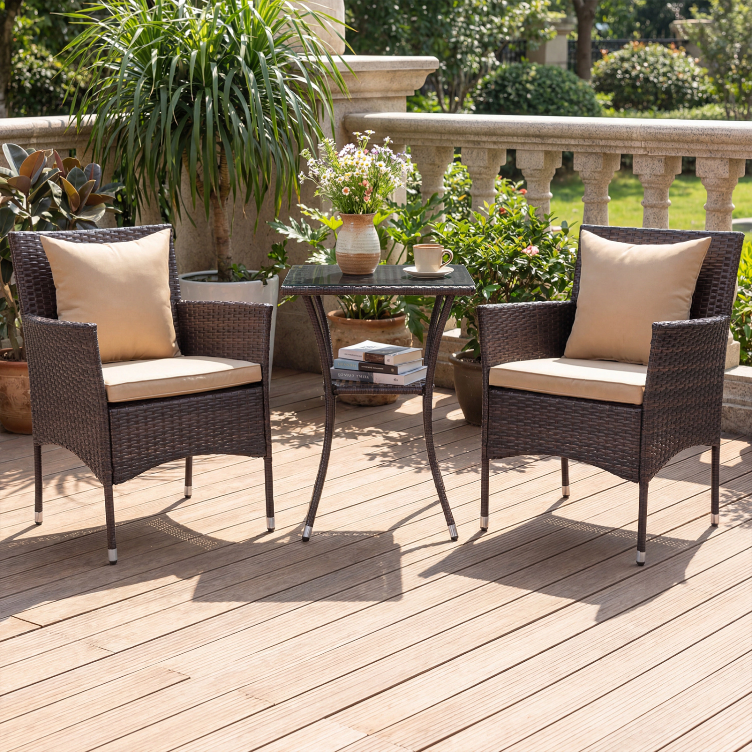 LJG 3-Piece Patio Furniture Set Rattan Bistro Chairs with 2-Tier Tempered Glass Side Table