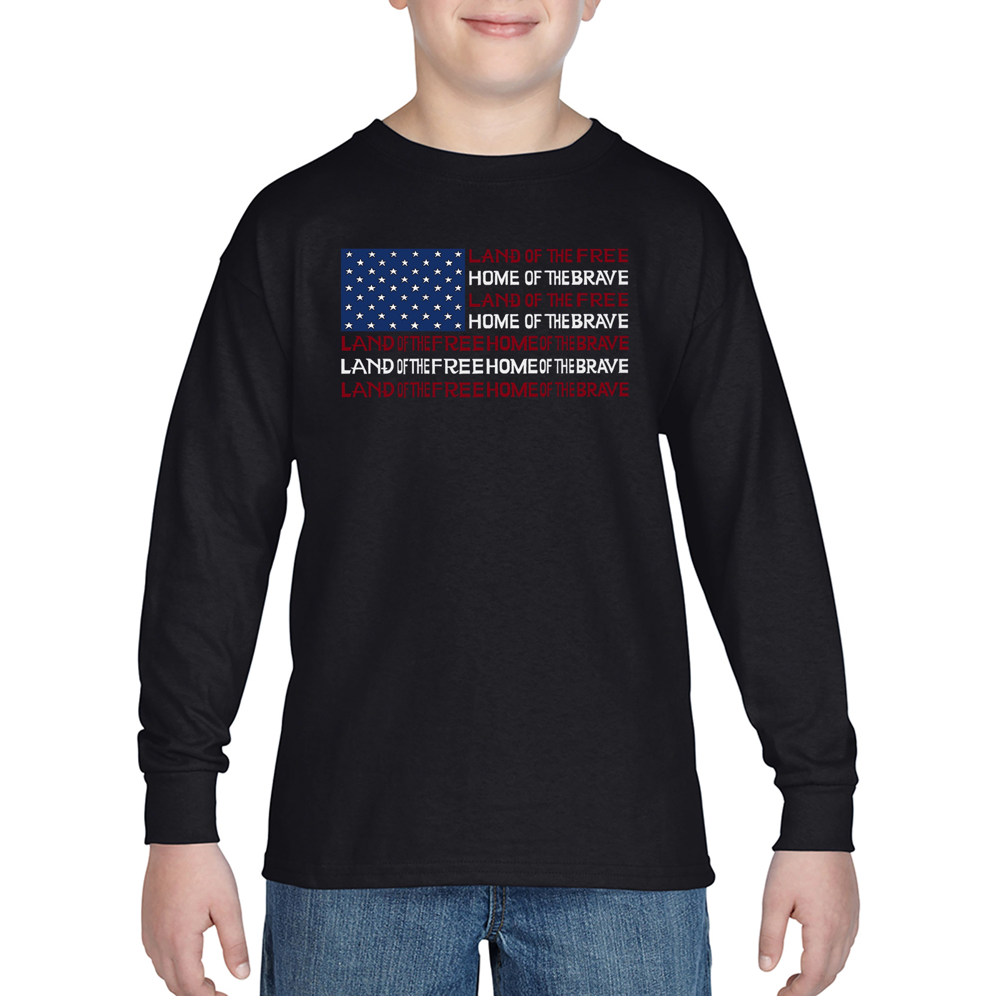 LA Pop Art Boys Long Sleeve T-Shirt -  Land of the Free American Flag