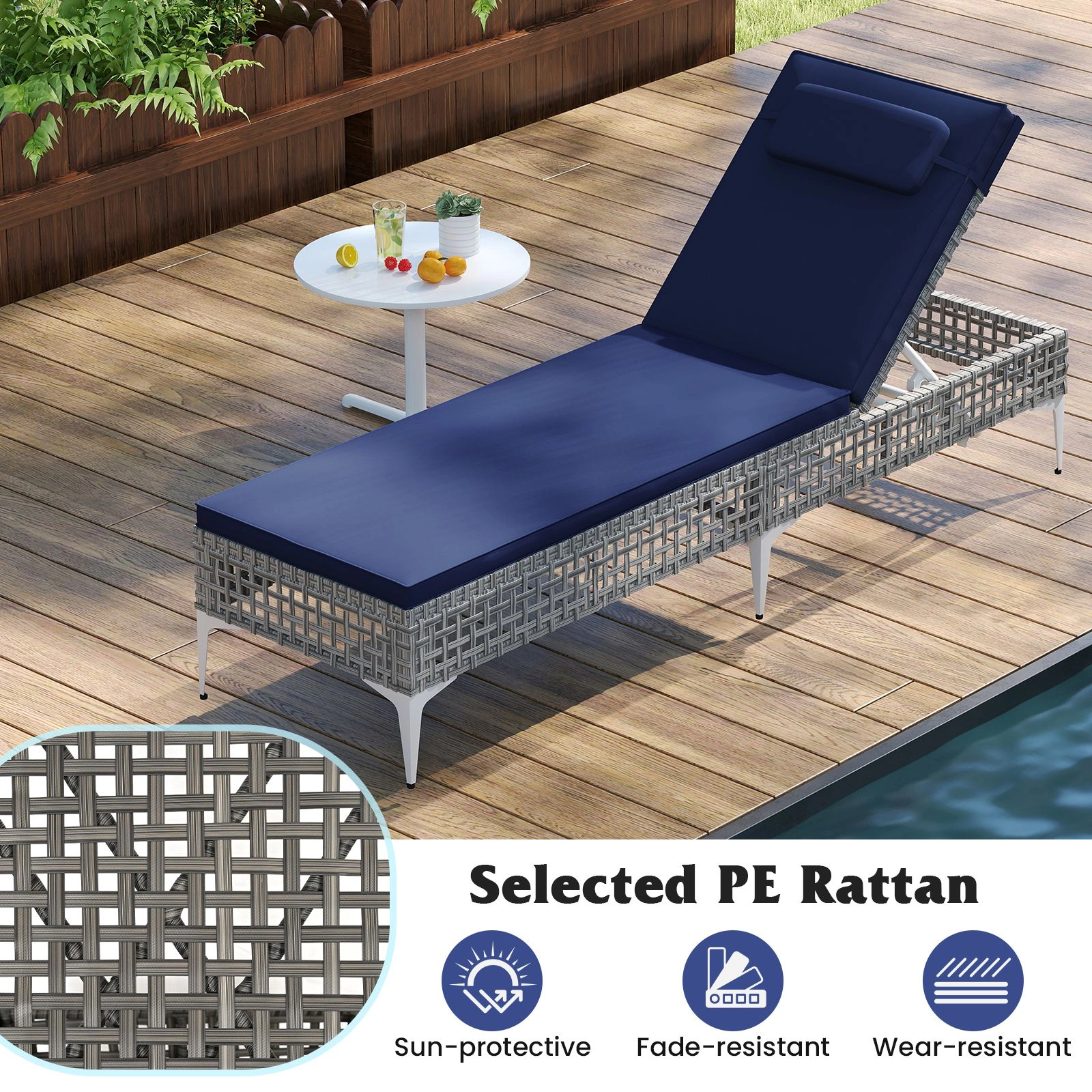 SlickBlue Adjustable Poolside Lounge Chair with Headrest Cushion