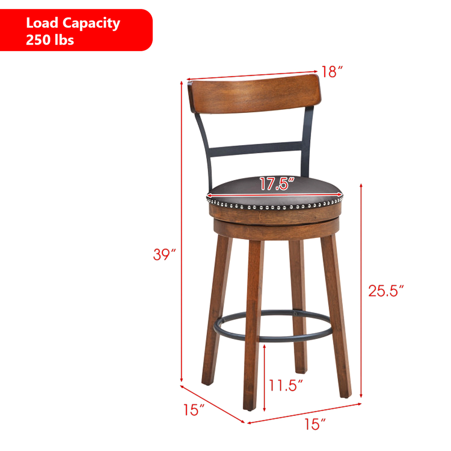 Hivvago Set of 2 Adjustable Swivel Counter Stools for Kitchen or Bar Use