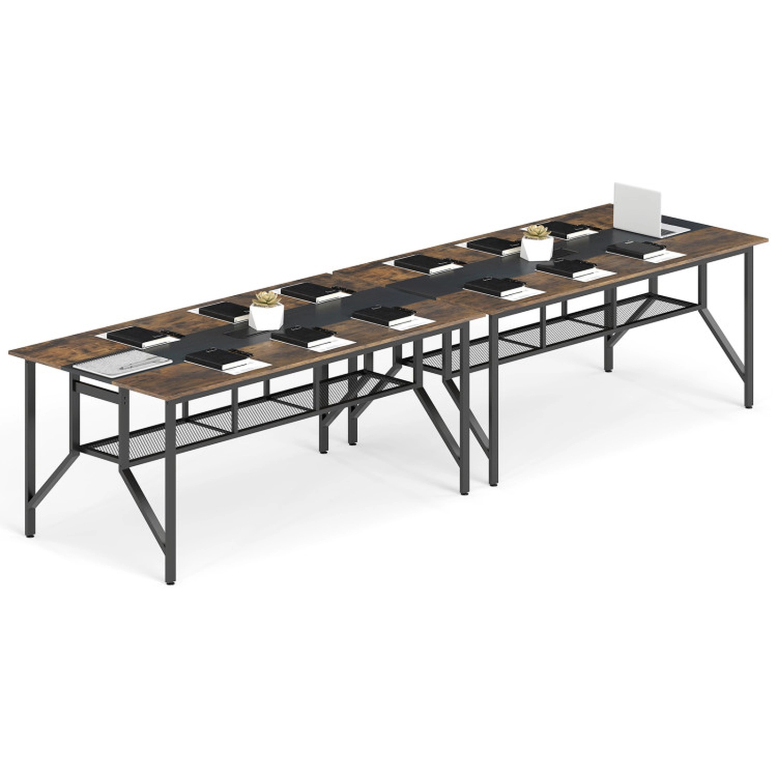 SUGIFT Rustic Brown Mesh Storage Shelf and Cable Grommet 71 Inch Rectangular Conference Table