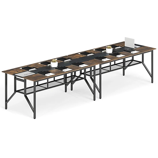 SUGIFT Rustic Brown Mesh Storage Shelf and Cable Grommet 71 Inch Rectangular Conference Table