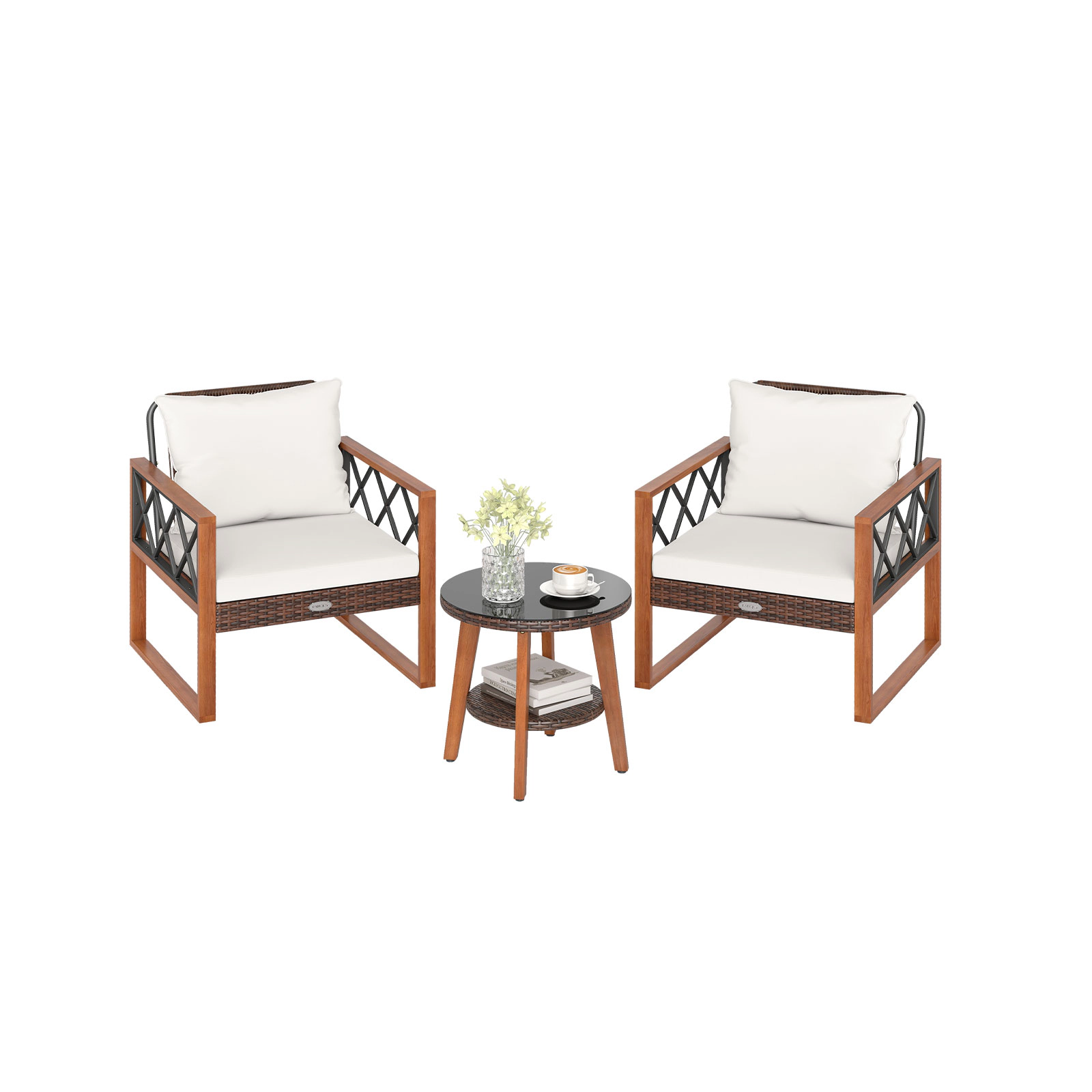 LJG 3 Pieces Patio Furniture Set with Tempered Glass Top Table and Soft Cushions