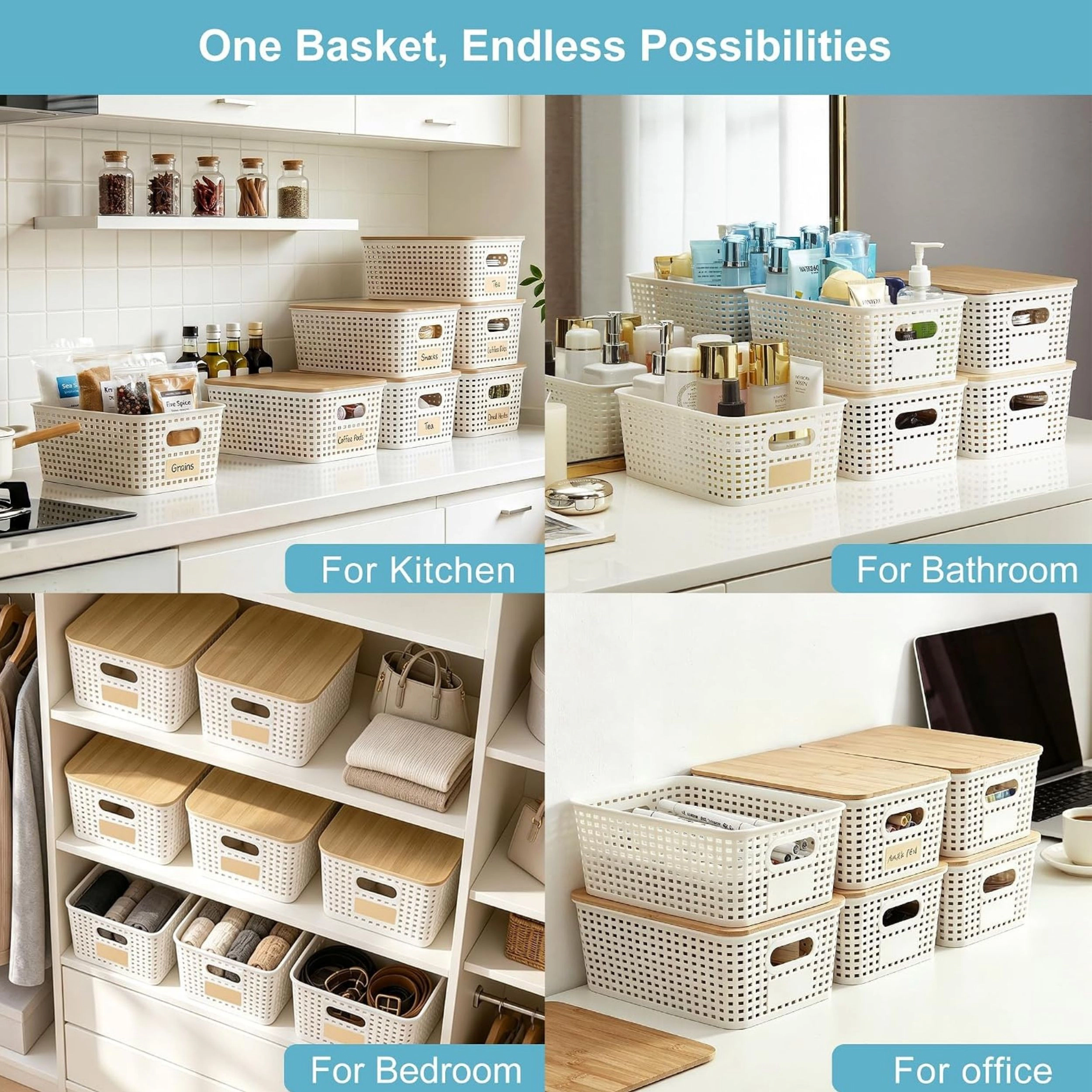 Stock Preferred Stackable Plastic Storage Bin with Bamboo Lid and Labels