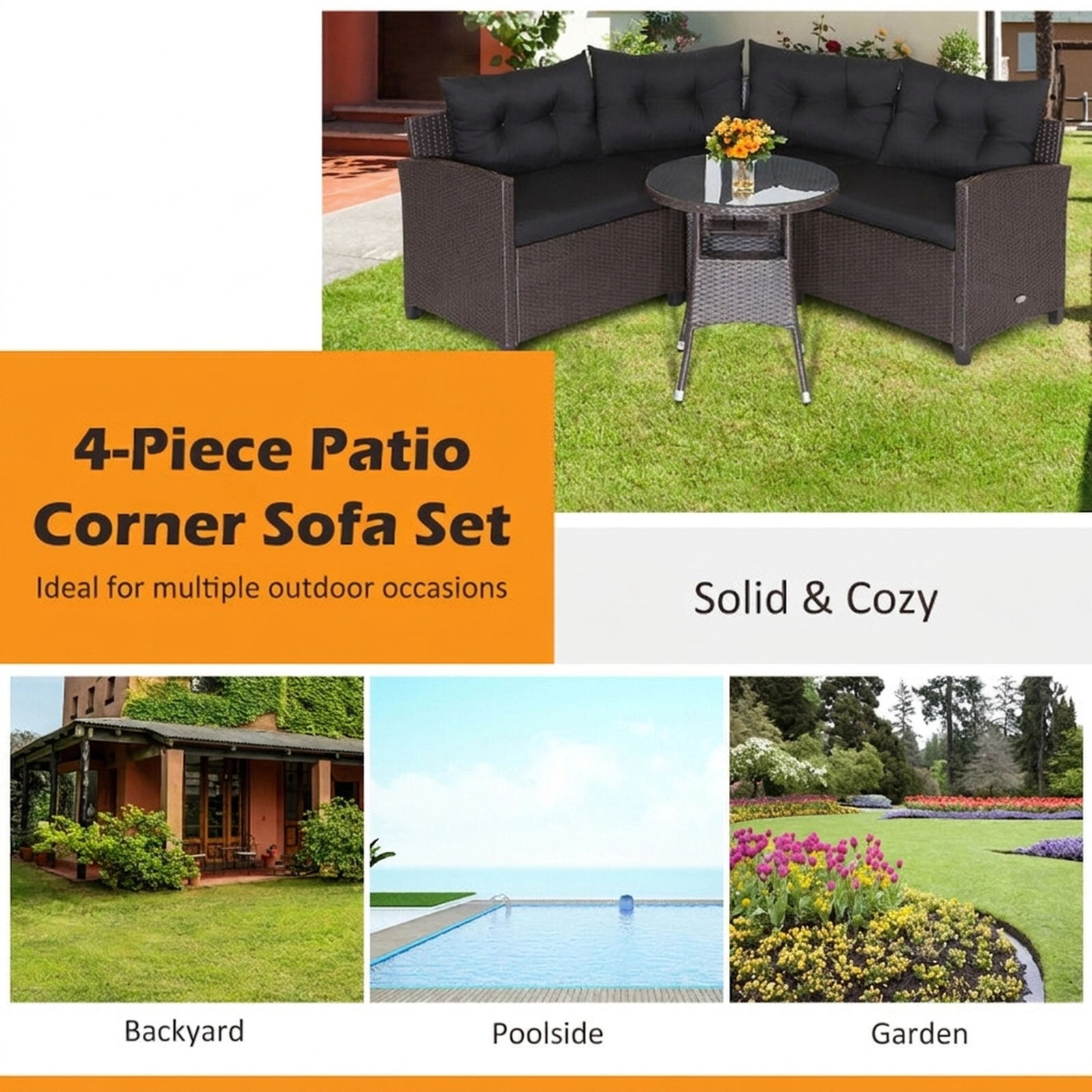 SUGIFT 4-Piece 400-lb Capacity Black Cushioned Rattan Outdoor Patio Sofa Set with Round Glass Coffee Table