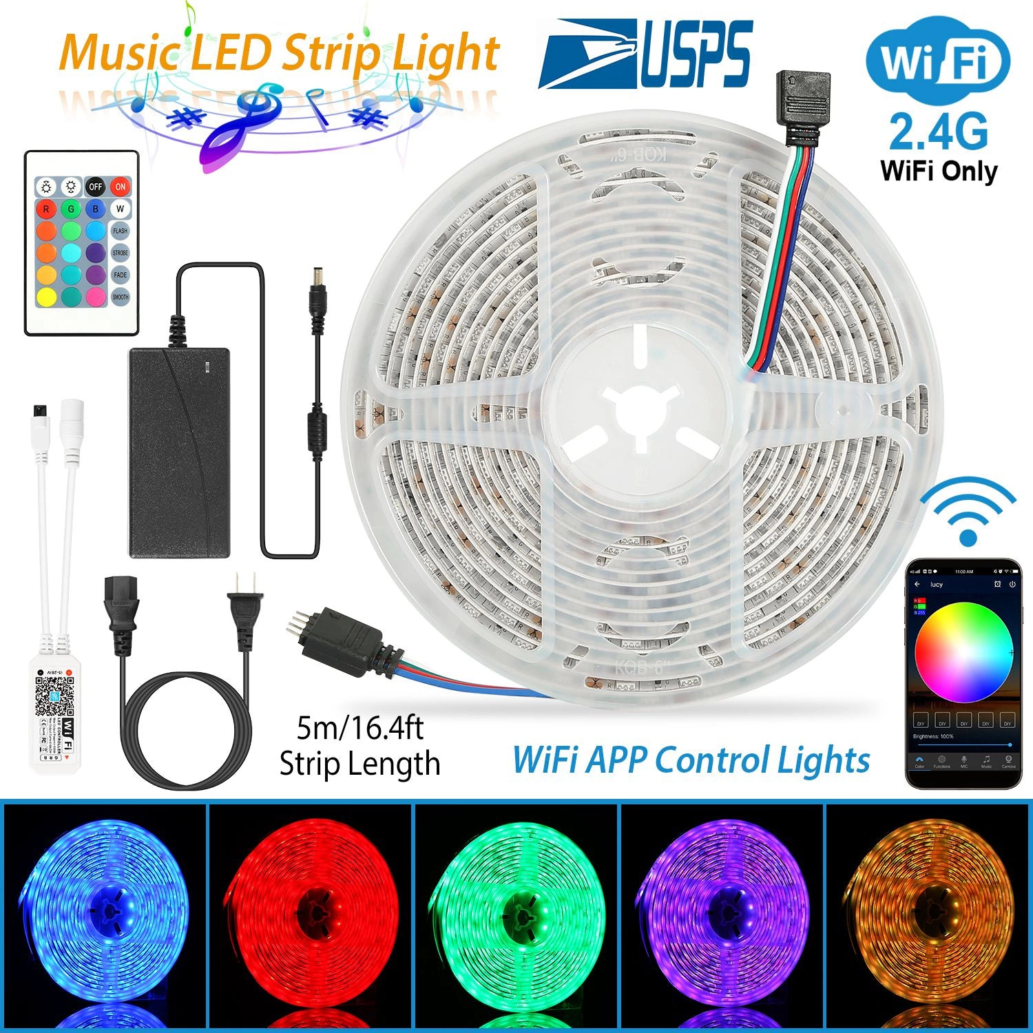 GBruno WiFi RGB LED Strip Lights 16.4FT Waterproof