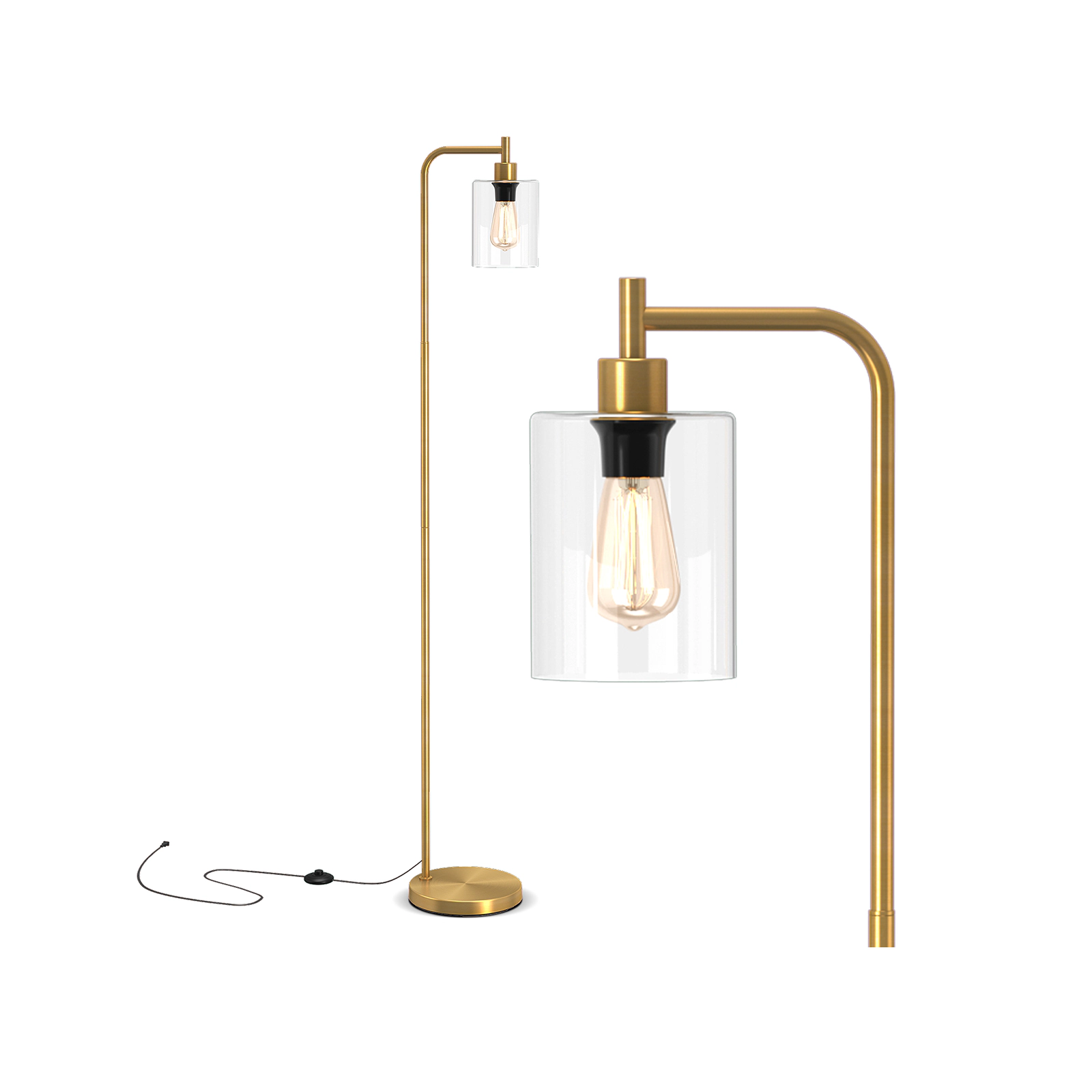 SUGIFT Modern Metal Floor Lamp with Hanging Glass Lampshade and Foot Switch 66-in Tall E26 Socket Black/Gold