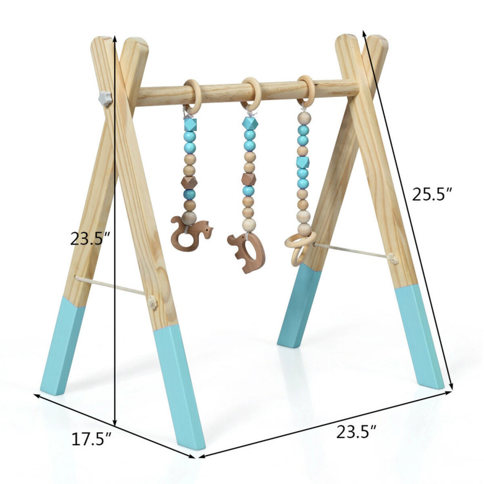 SUGIFT Baby Blue Wooden Play Gym with 3 Hanging Teething Toys and Folding Frame 23.5-in W 17.5-in D 23.5-in H