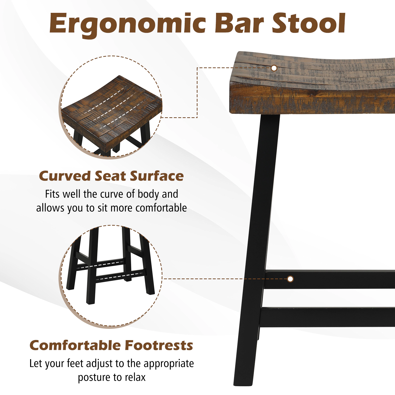 SUGIFT Solid Wood Saddle-Seat Counter Stool Curved Seat Surface 220-lb Capacity 24-in & 29-in Heights with Footrests
