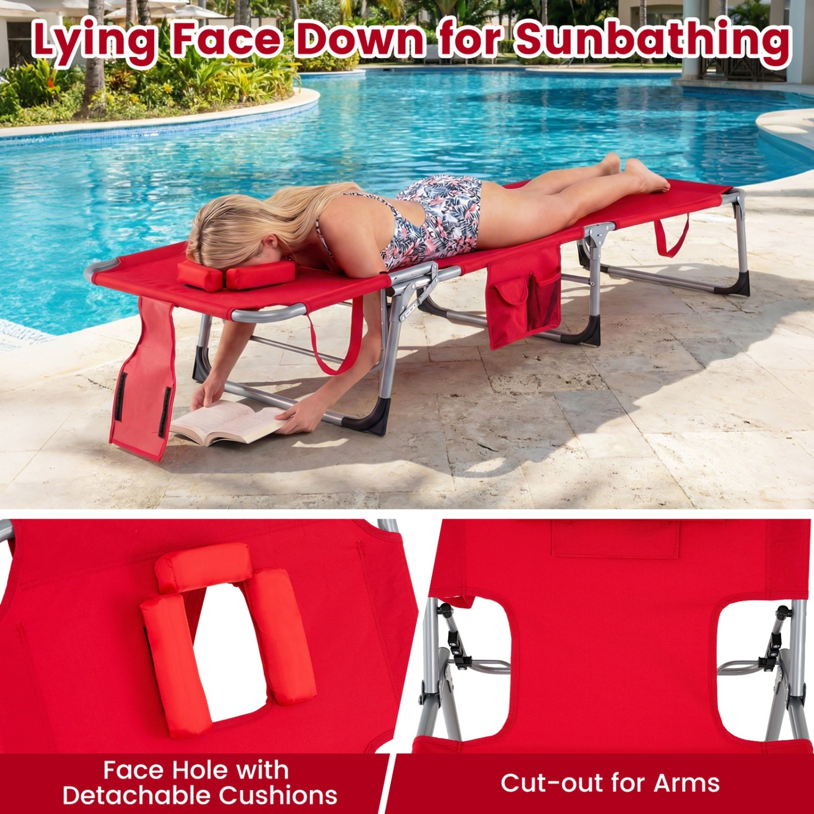 SUGIFT Set of 2 Red Folding Tanning Chaise Lounge Chairs with Face Holes and Head Pillows