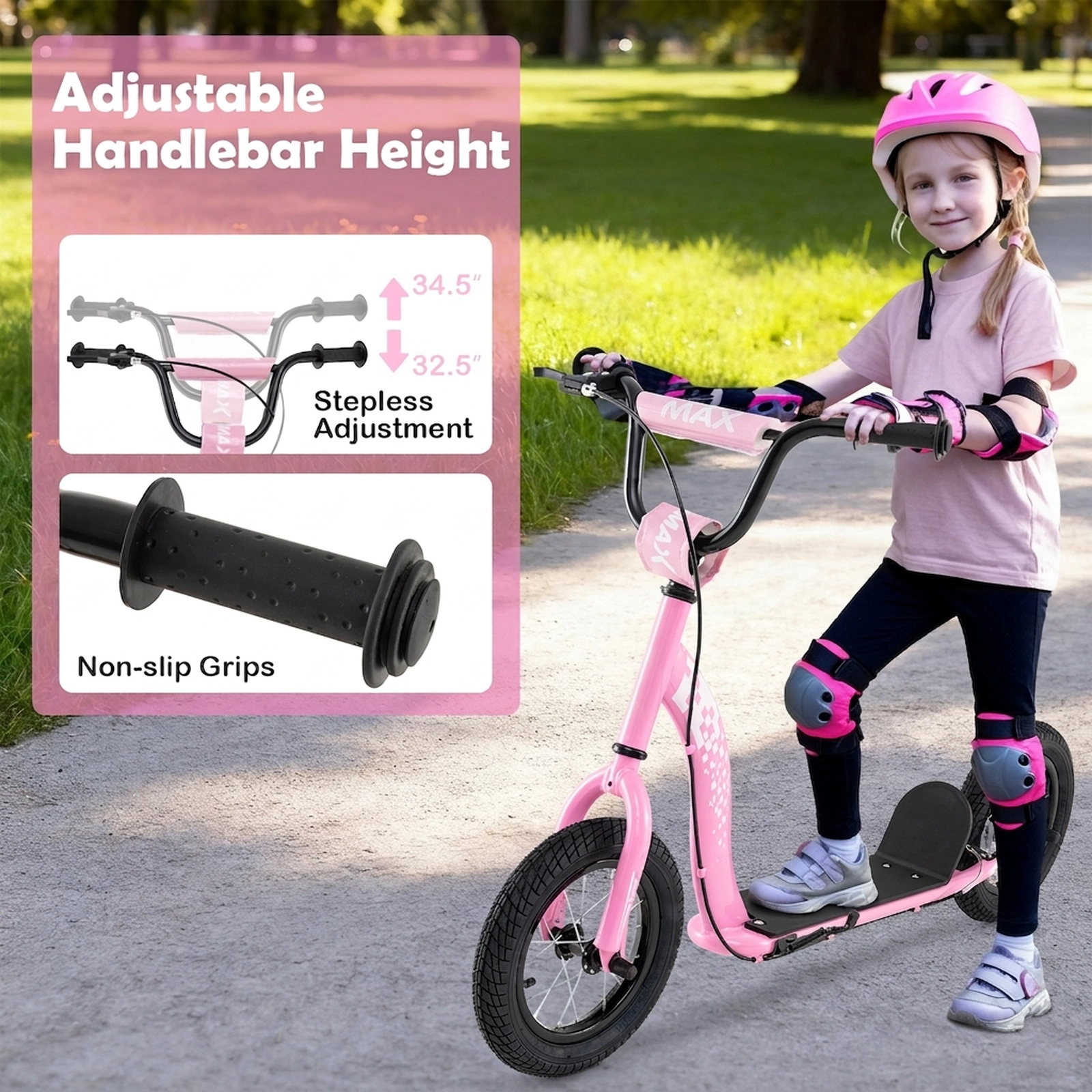 SUGIFT Pink Kick Scooter, 12-Inch Inflatable Rubber Wheels, Adjustable Handlebar, 165 lb Capacity