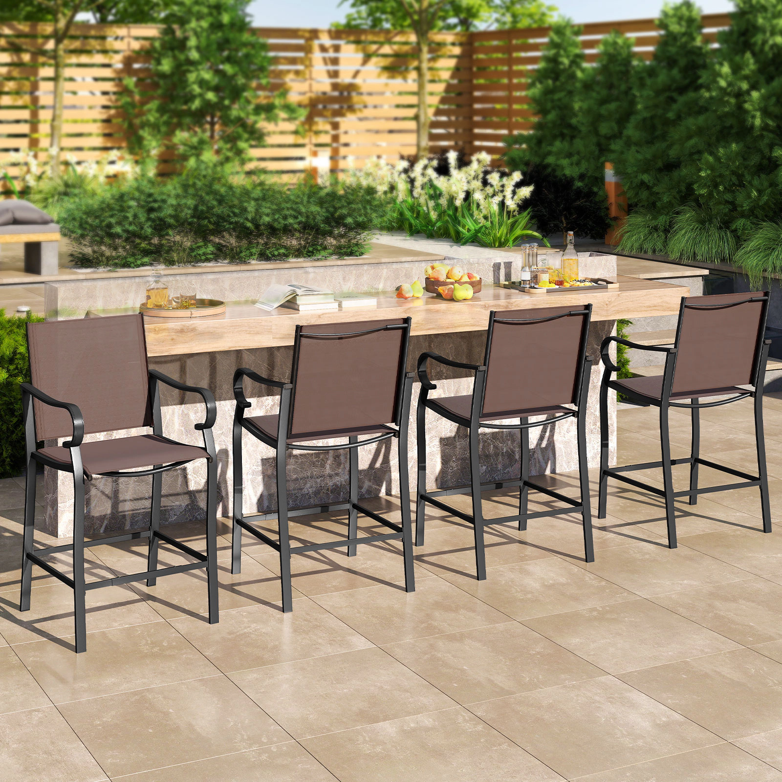 SUGIFT Breathable Mesh Outdoor Counter Height Bar Stools Set of 4 Bar Seating 330-lb Capacity 25.5-in Seat Height Brown