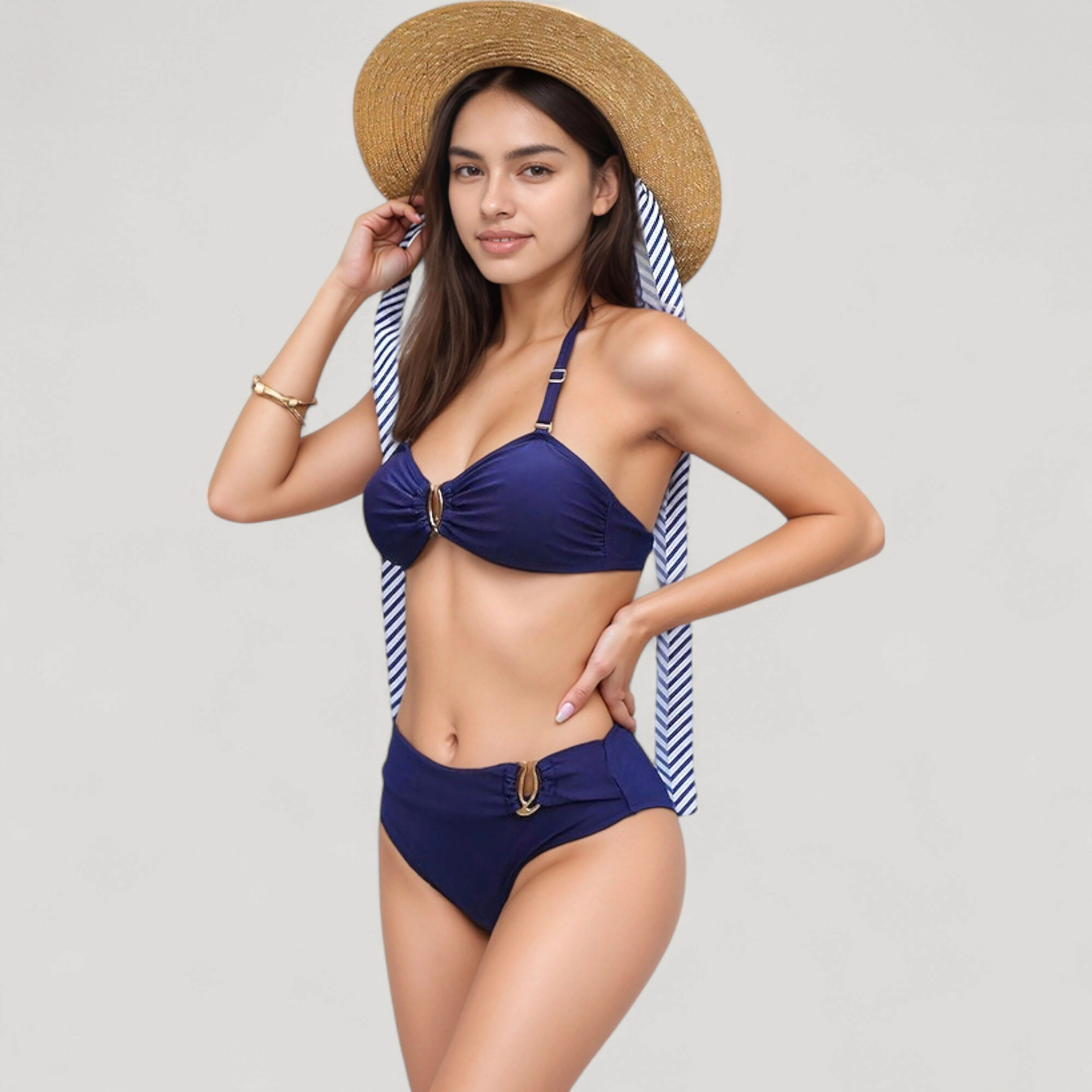 Anna-Kaci Women’s High-Waist Navy Bikini Set with Shell Ring and Adjustable Halter