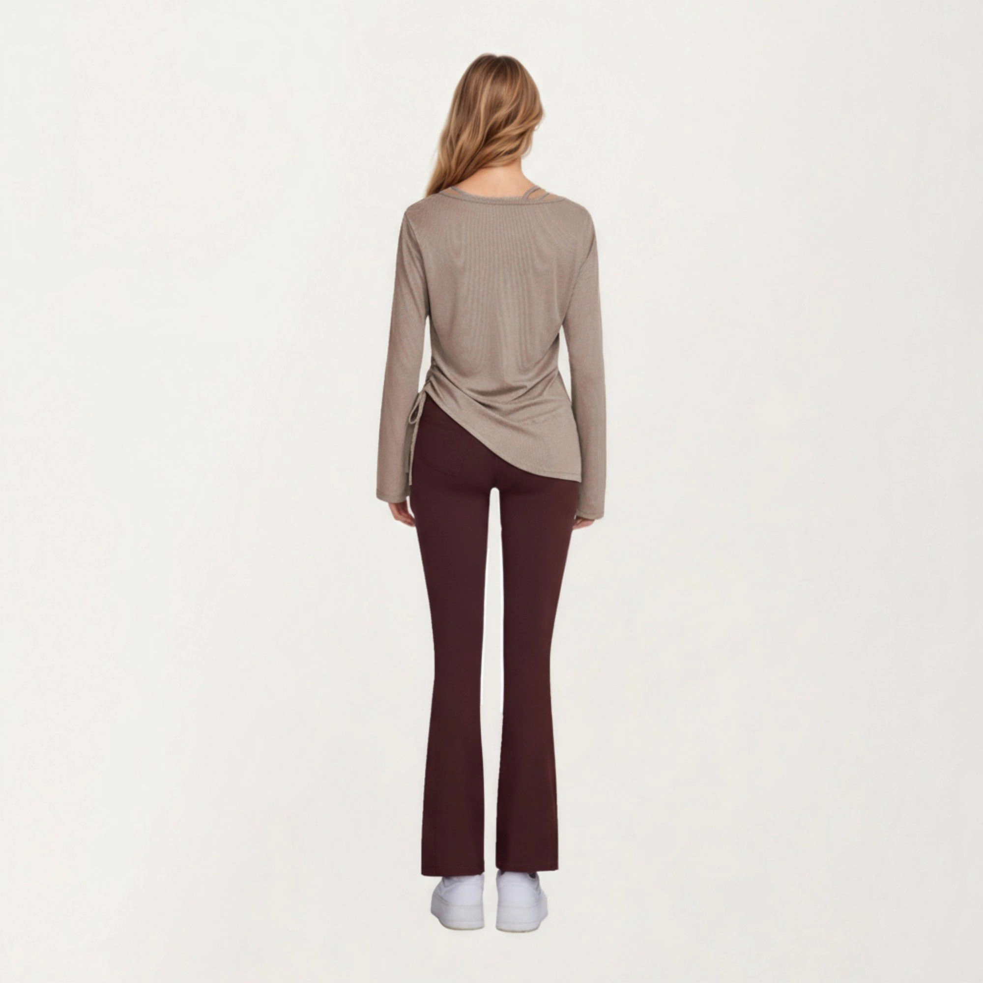 Anna-Kaci Women's Long Sleeve V Neck Top with Soft Textured Fabric Relaxed Draped Silhouette and Curved Hemline