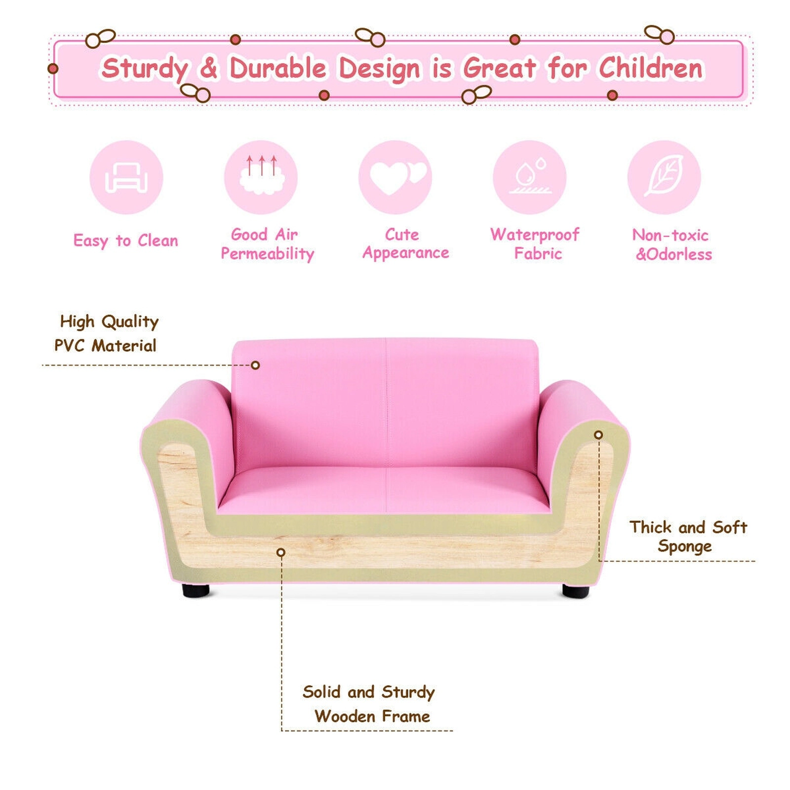 SUGIFT Kids Double Sofa Pink with Matching Ottoman and Wood Frame