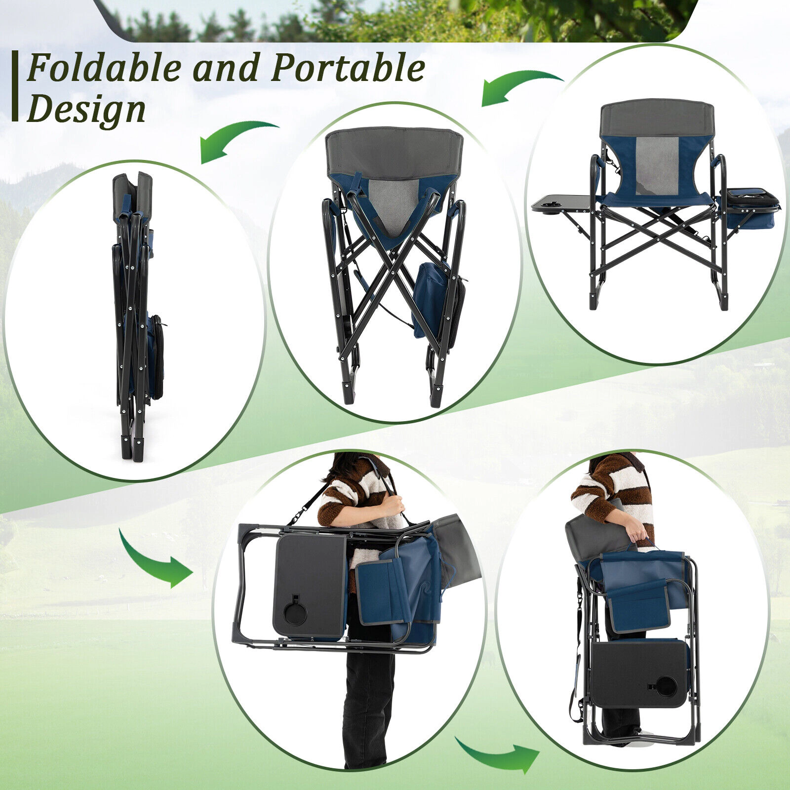 SUGIFT 400-lb Capacity Folding Directors Camping Chair with Side Table Cooler Bag and Storage Bag