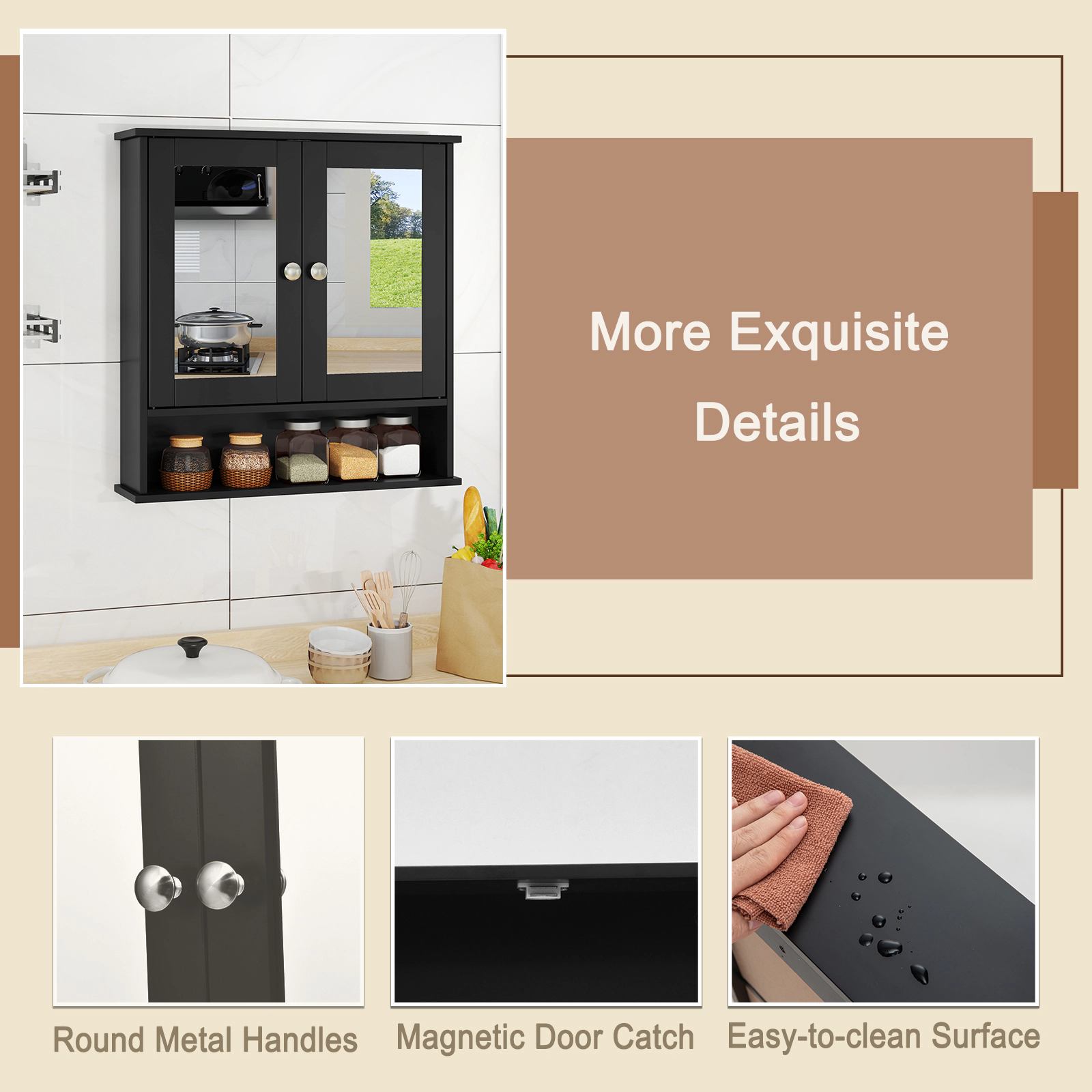 SUGIFT Black 44-lb Capacity Double Door Wall Mounted Bathroom Mirror Cabinet with Open Storage Shelf