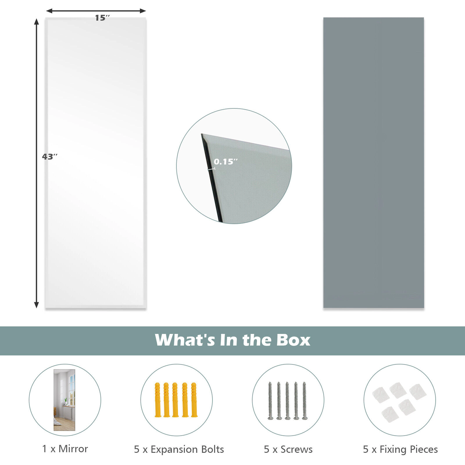 Slickblue 43 x 15 Inch Wall Mounted Frameless Full Length Mirror Rectangle Bedroom Dressing Mirror