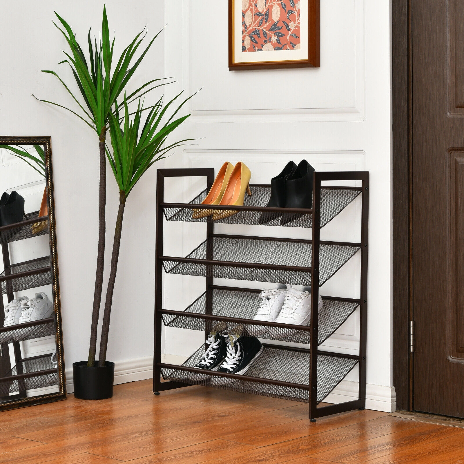 SUGIFT 4-Tier Brown 29-in Steel Metal Shoe Rack with Flat or Slanted Mesh Shelves for Closet and Entry