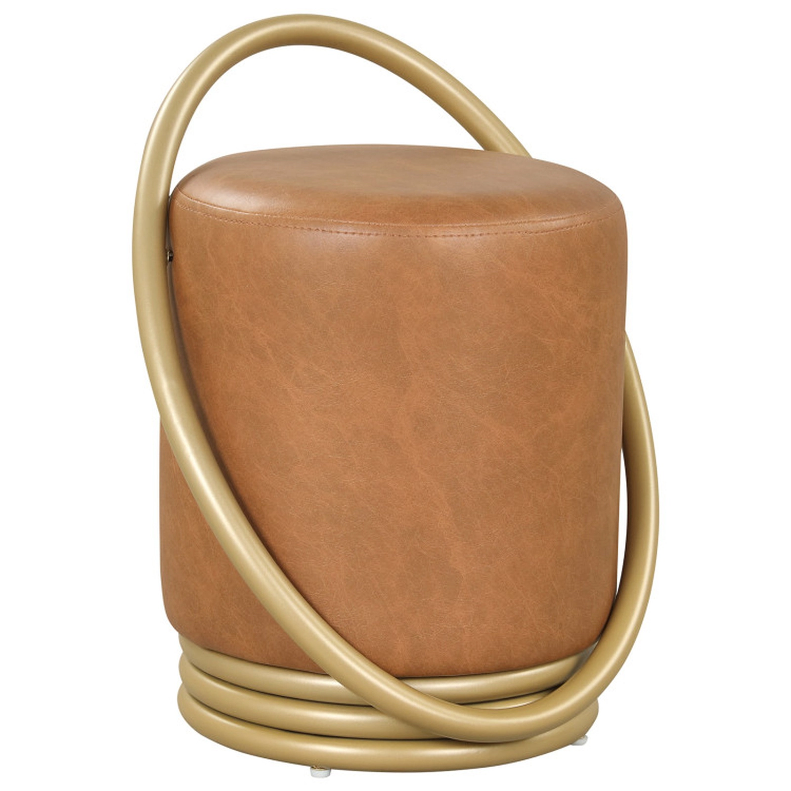 SUGIFT Round Faux Leather Vanity Stool with Metal Halo Frame 330-lb Capacity 21-in Tall Brown and Gold