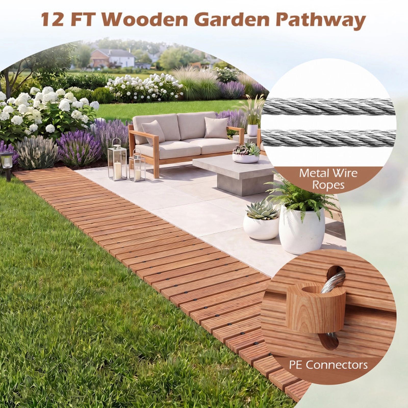 SUGIFT Roll Out Cedar Wooden Garden Pathway Straight Walkway 12-ft Long 22-in Wide Brown/Natural