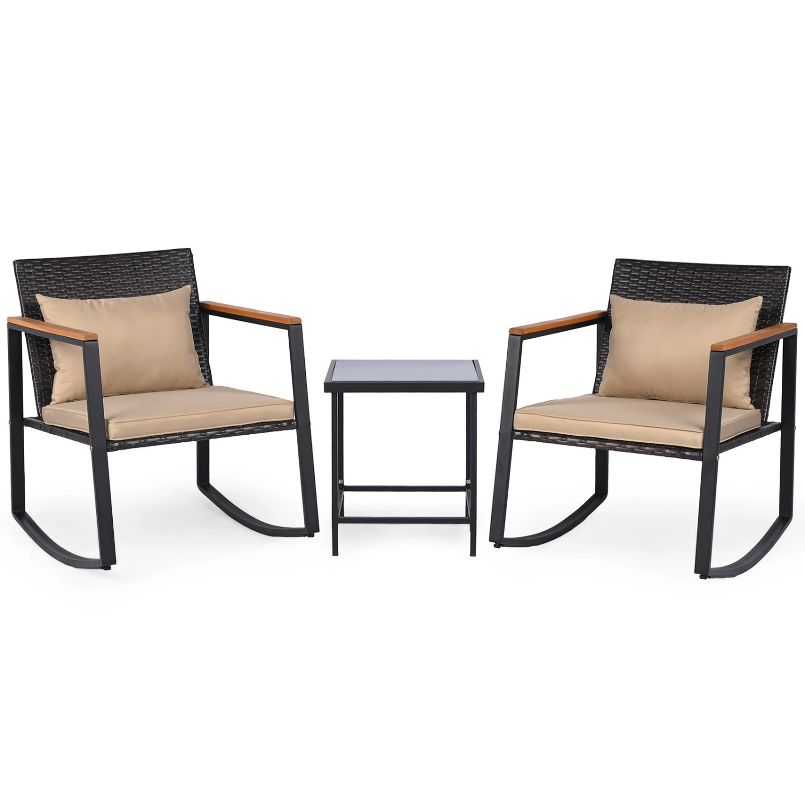 SUGIFT Outdoor Rocking Conversation Bistro Set with Cushions & Tempered Glass Table 397-lb Chair Capacity Brown & Black