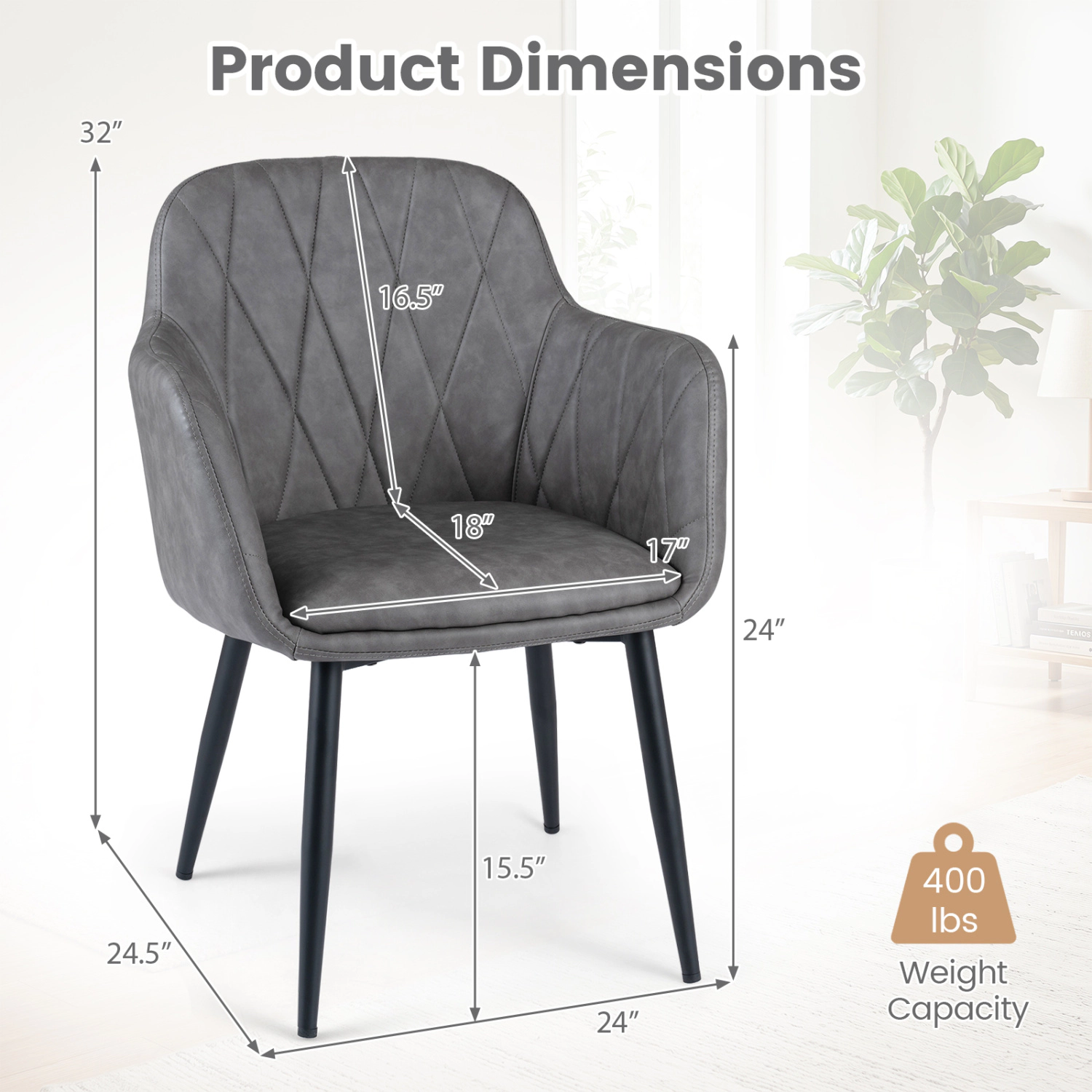 LJG Upholstered PU Leather Kitchen Chairs Set of 2 with Curved Back and Wide Seat