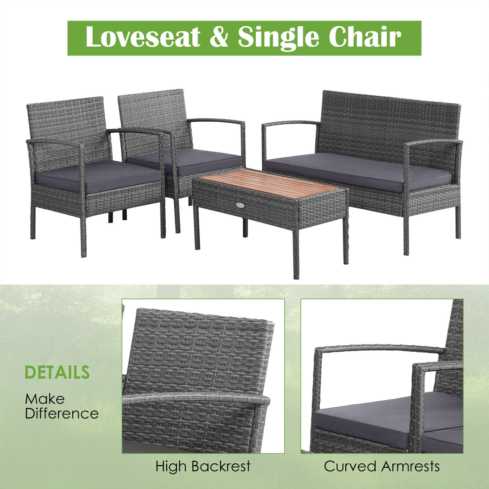 SUGIFT Gray Acacia Wood Tabletop and Cushions 4-Piece Rattan Patio Conversation Set