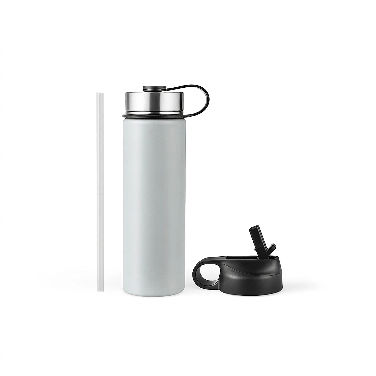 SUGIFT 22-oz Gray Insulated Stainless Steel Water Bottle with 2 Lids and Flip-Up Straw 3-in Dia 9.6-in H