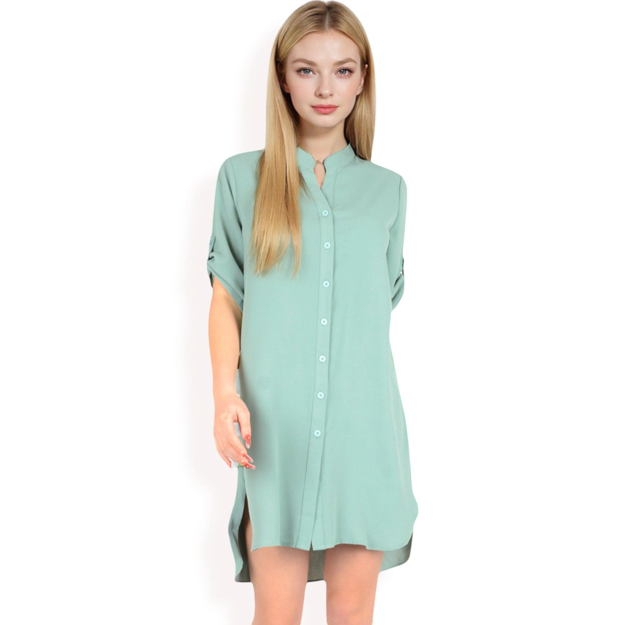 Anna-Kaci Women's Button Front Roll-Up Sleeve Shirt Dress
