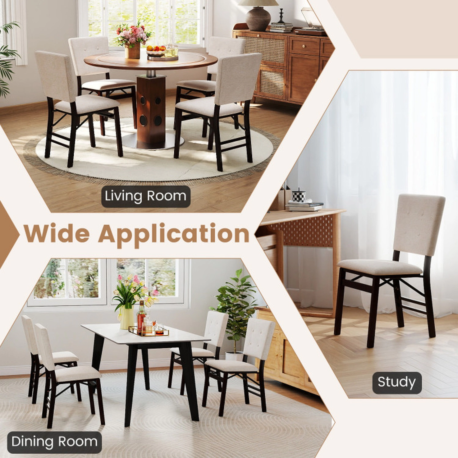 SUGIFT Foldable Armless Dining Chair Set of 4 with Padded Seat and Tilt Backrest 353-lb Capacity Beige