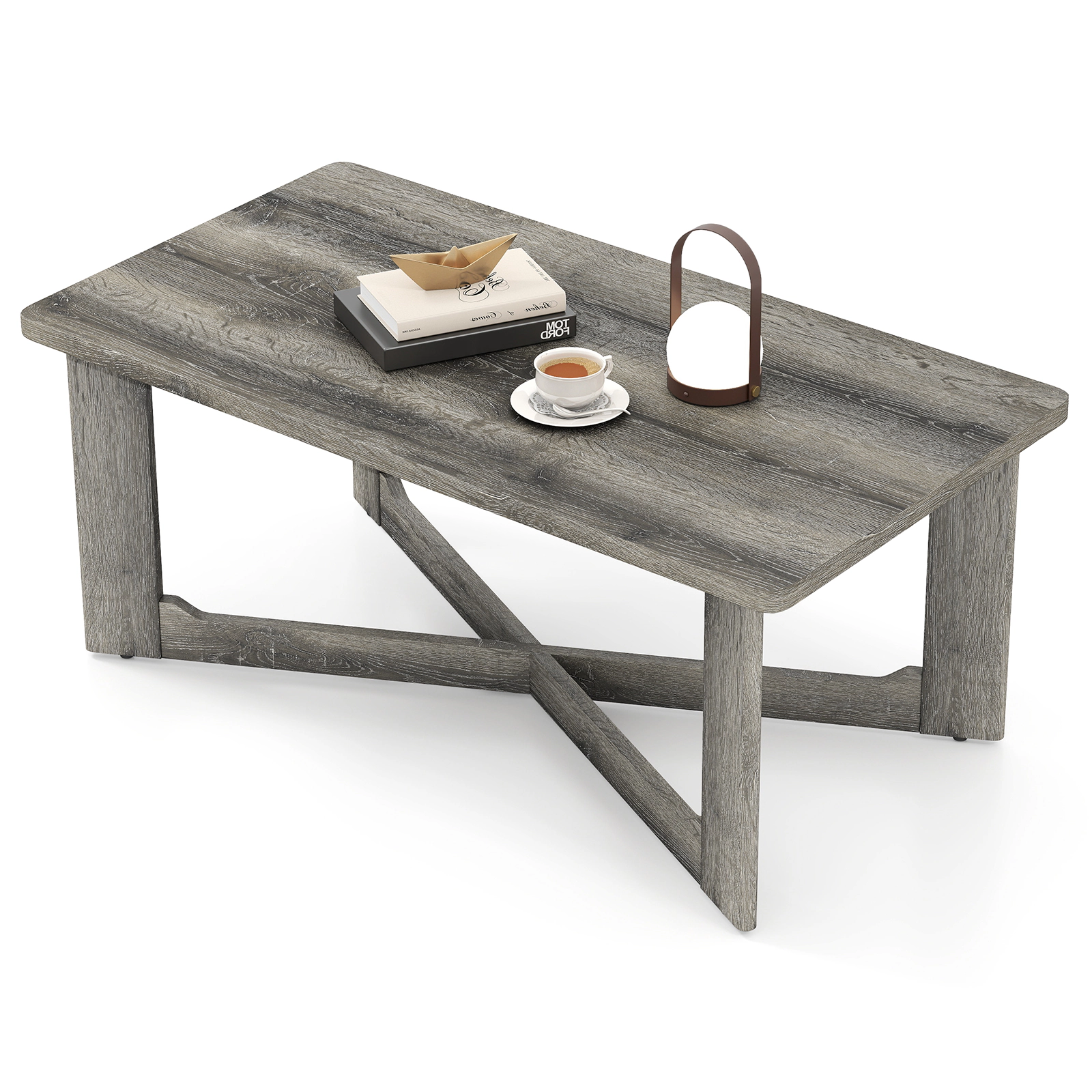 Glintex 44-Inch Rectangular Coffee Table with X-Shaped Rubber Wood Base, Gray