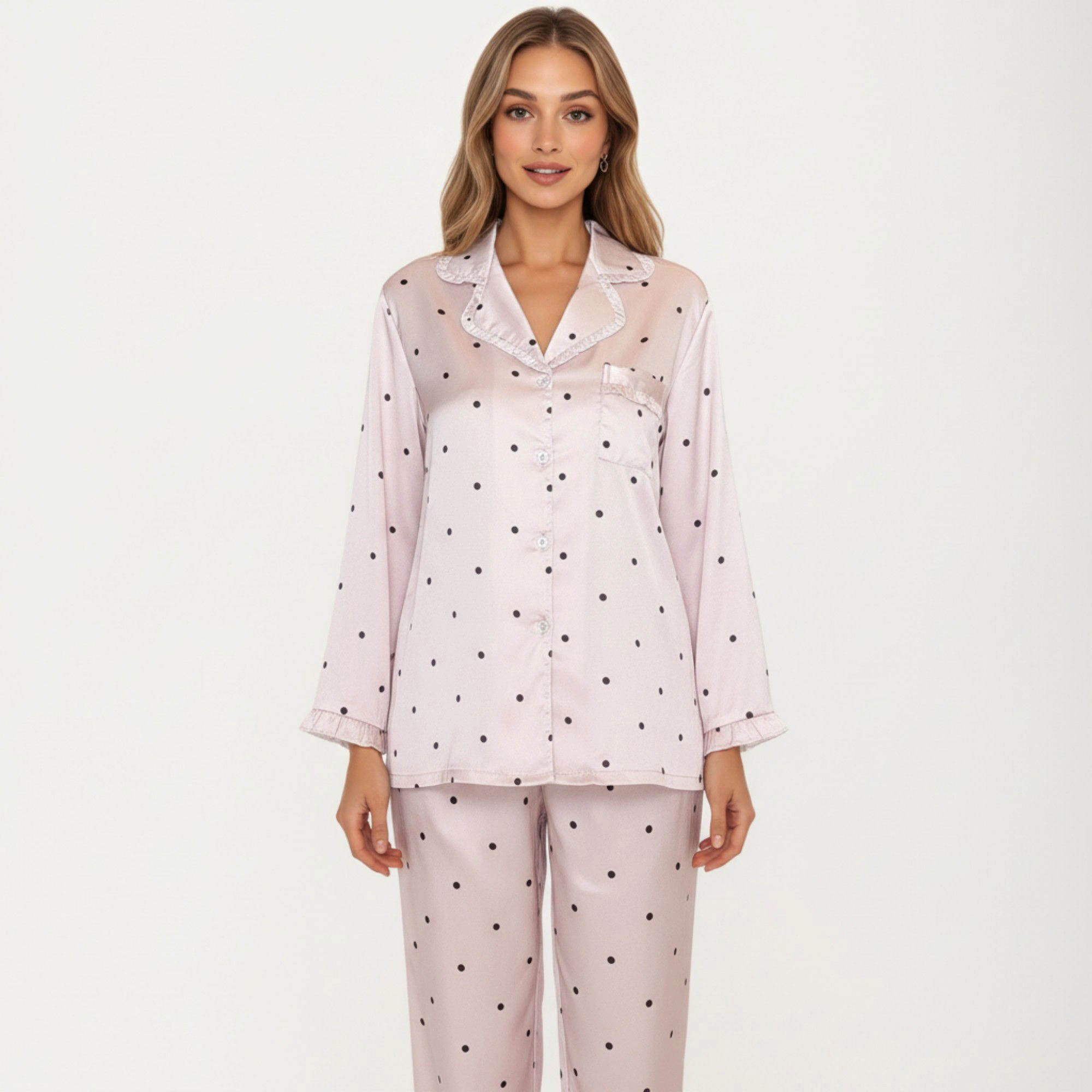 Anna-Kaci Women's 2-Piece Polka Dot Satin Button Front Pajama Top with Ruffle Trim and Matching Relaxed Fit Lounge Pants