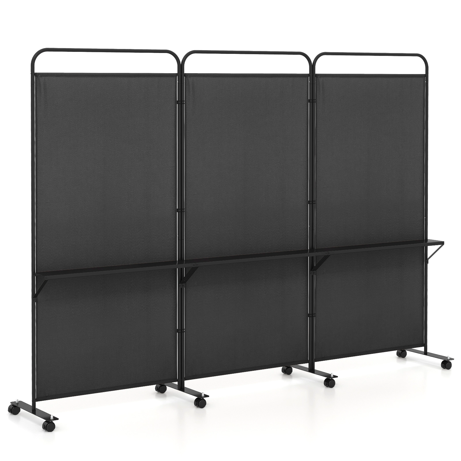 SUGIFT 3-Panel Folding Polyester Fabric 3 Metal Shelves Room Divider Screen 103-in x 18-in x 74-in 8 Wheels Black