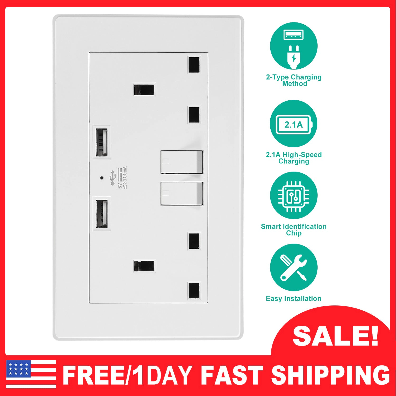 GBruno Dual USB UK Wall Outlet With Switch