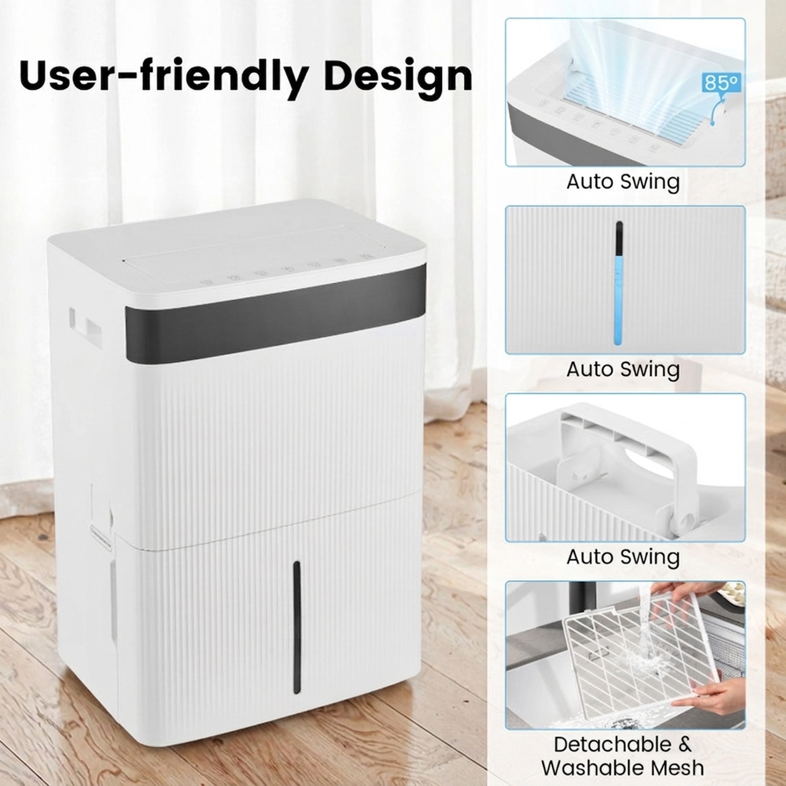 SUGIFT 74-Pint 4500-sq ft Quiet Dehumidifier with 1.4-gal Visible Tank Side Handles and Child Lock