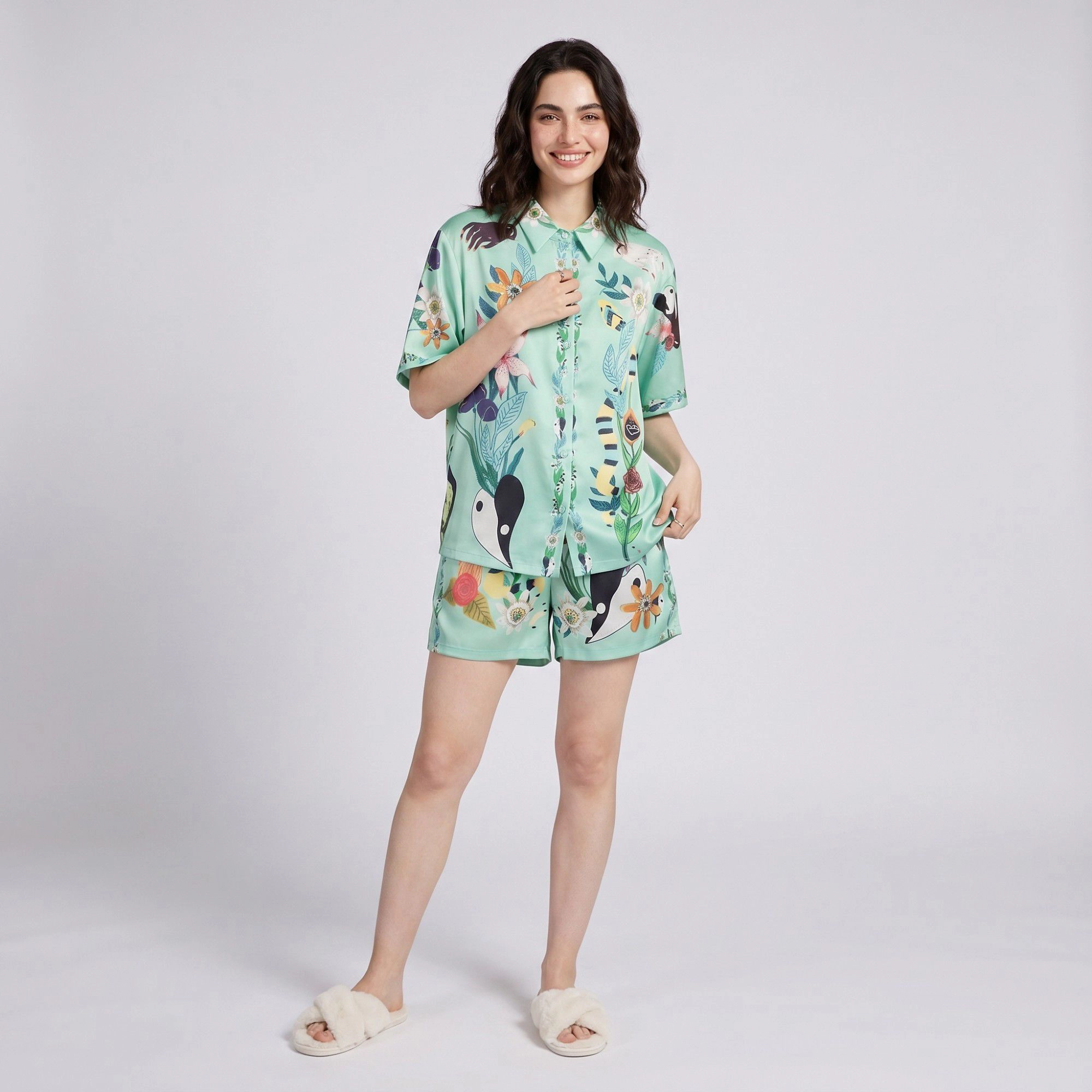 Anna-Kaci Women's 2-Piece Botanical Short Pajama Set with Button Front Top and Matching Shorts