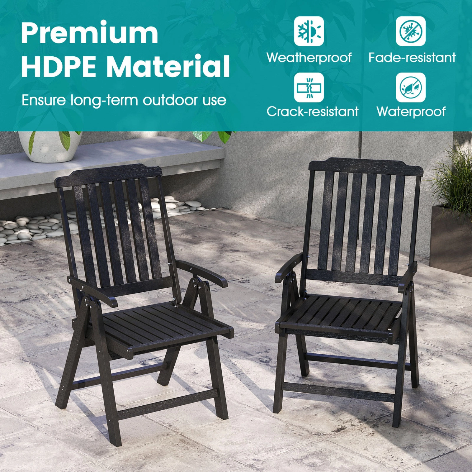 SUGIFT Foldable All-Weather HDPE Patio Dining Chair with Armrests 330-Lb Capacity 24-Lb Net Weight Black