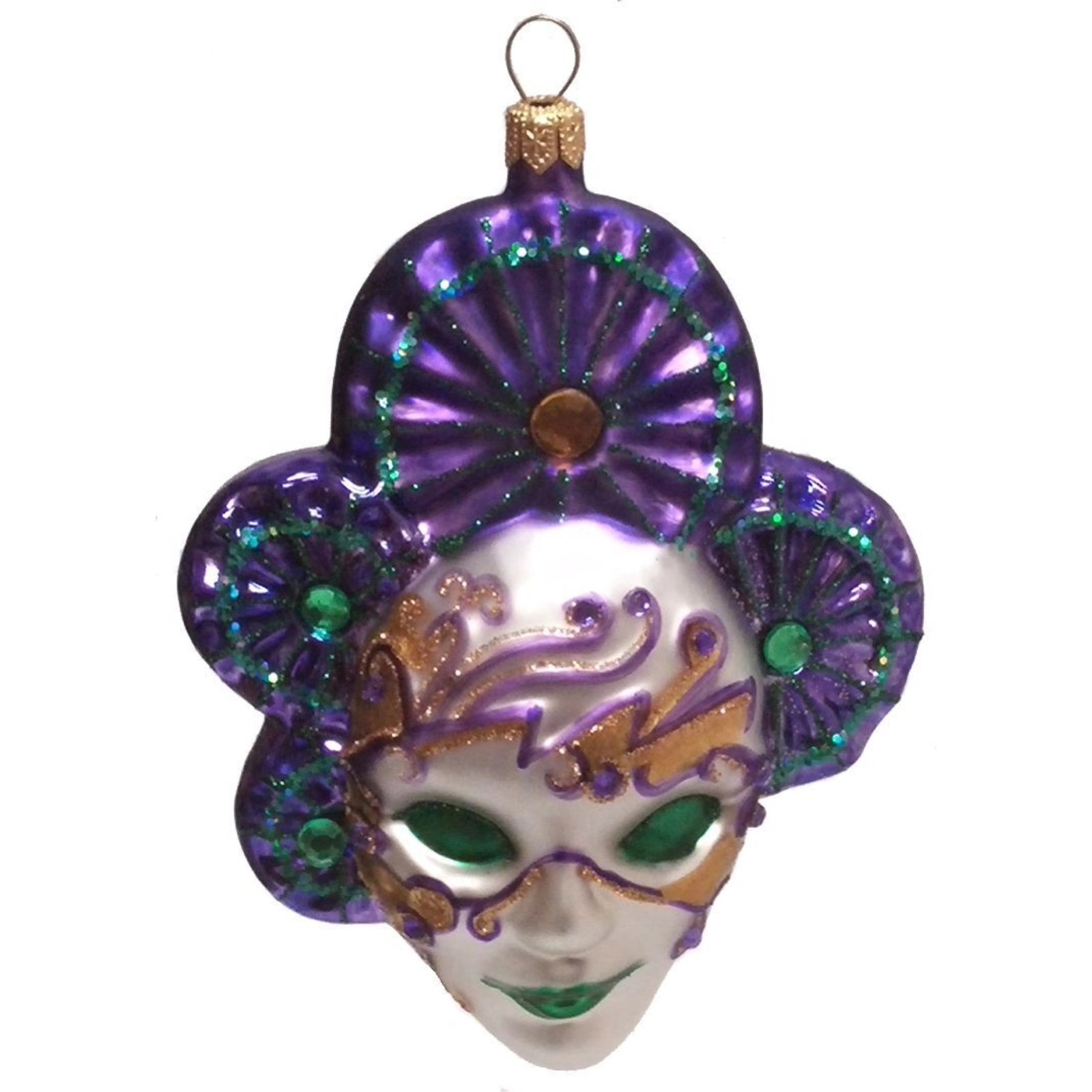 Pinnacle Peak Trading Company Green and Purple Venetian Mask Polish Blown Glass Christmas Ornament