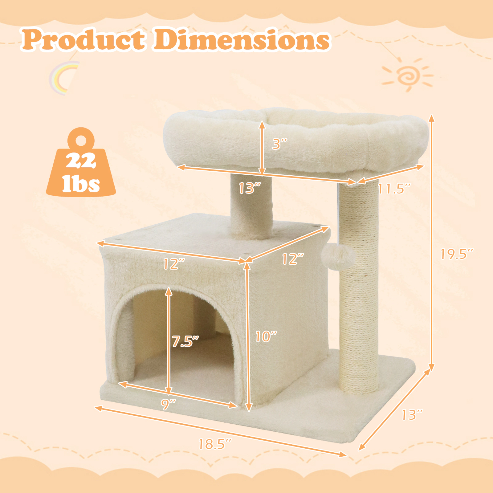 SUGIFT 19.5-in Beige Kitten Cat Tree with Large Padded Plush Perch Condo and Sisal Scratching Posts