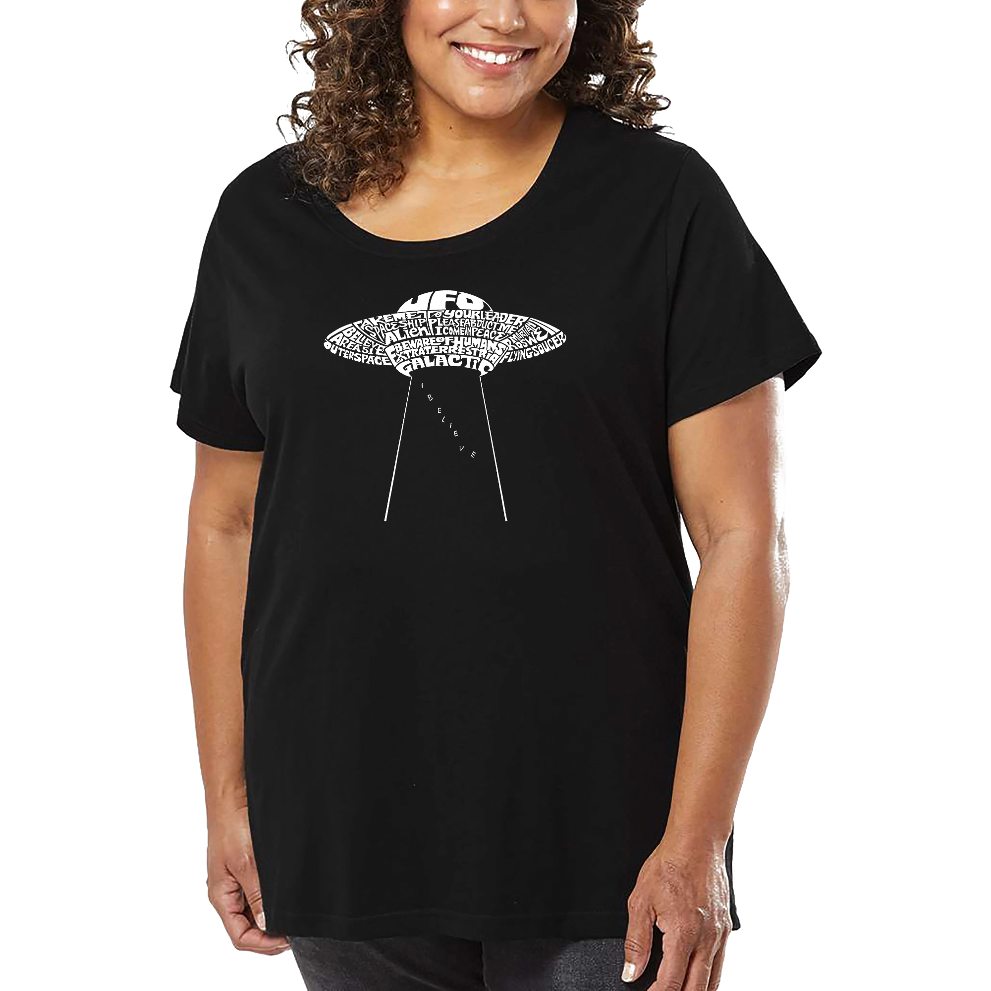LA Pop Art Women's Plus Word T-Shirt - Flying Saucer UFO