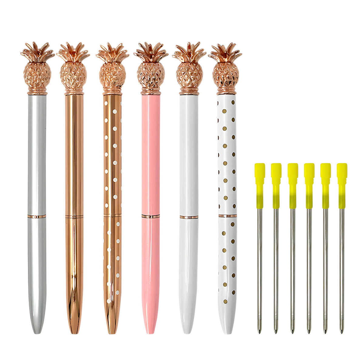 Wrapables Pineapple Ballpoint Pens, 1.0mm Medium Point Retractable Metal Pens, 6 Pens and 6 Refills
