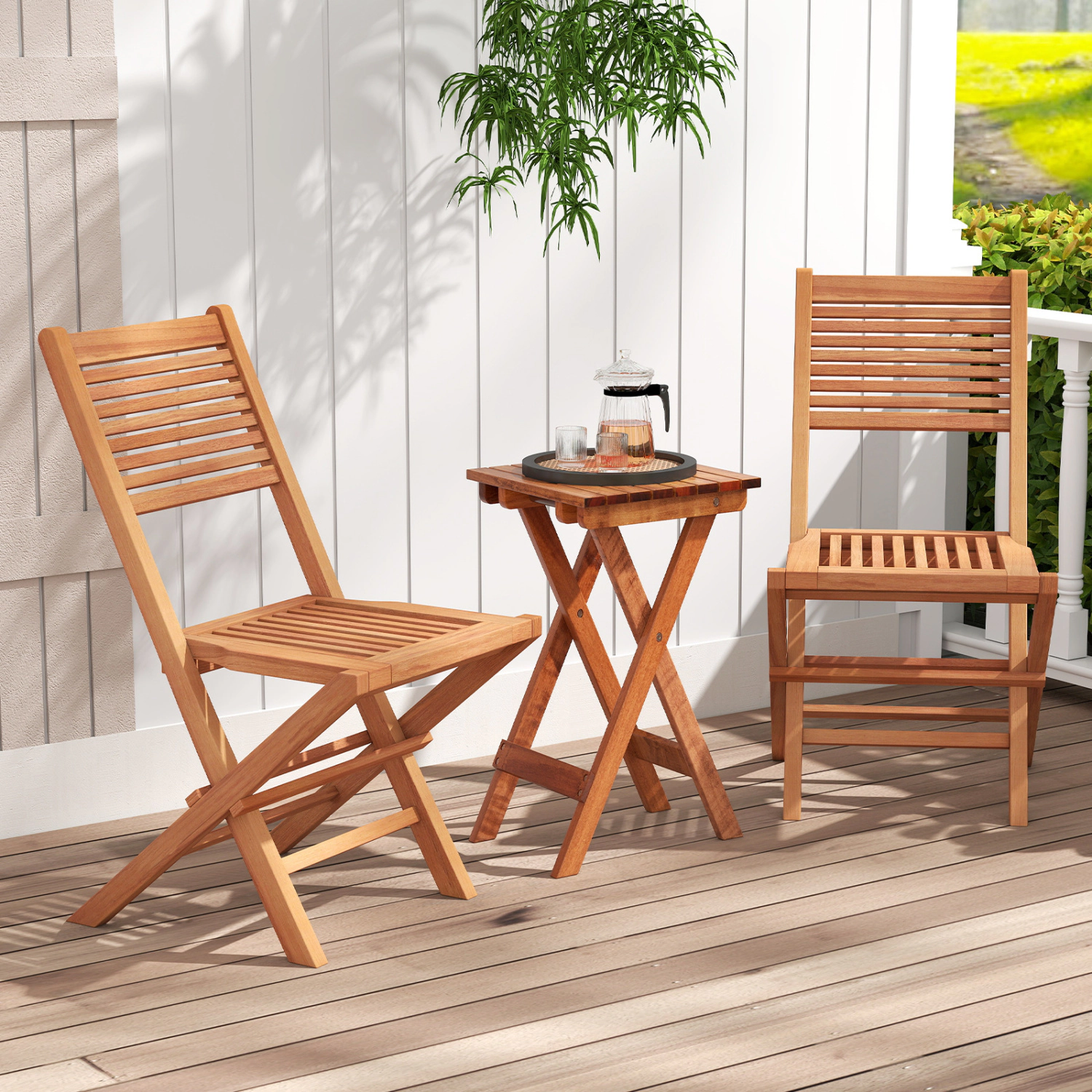 LJG Teak Wood Folding Patio Chairs Set of 2 with Slatted Seat & Portable Design for Deck
