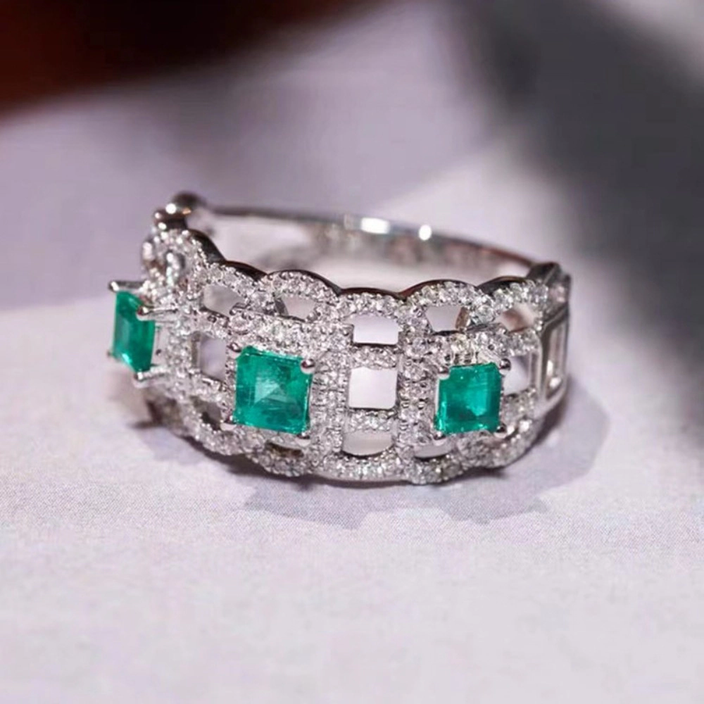 Luxury Green Synthetic Gemstone Hollow Wide Ring