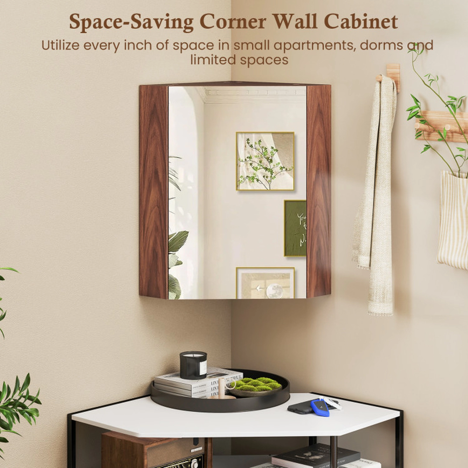 SUGIFT Corner Medicine Cabinet with Mirror Door and Adjustable Shelf 17.5-lb Shelf Capacity Brown/White