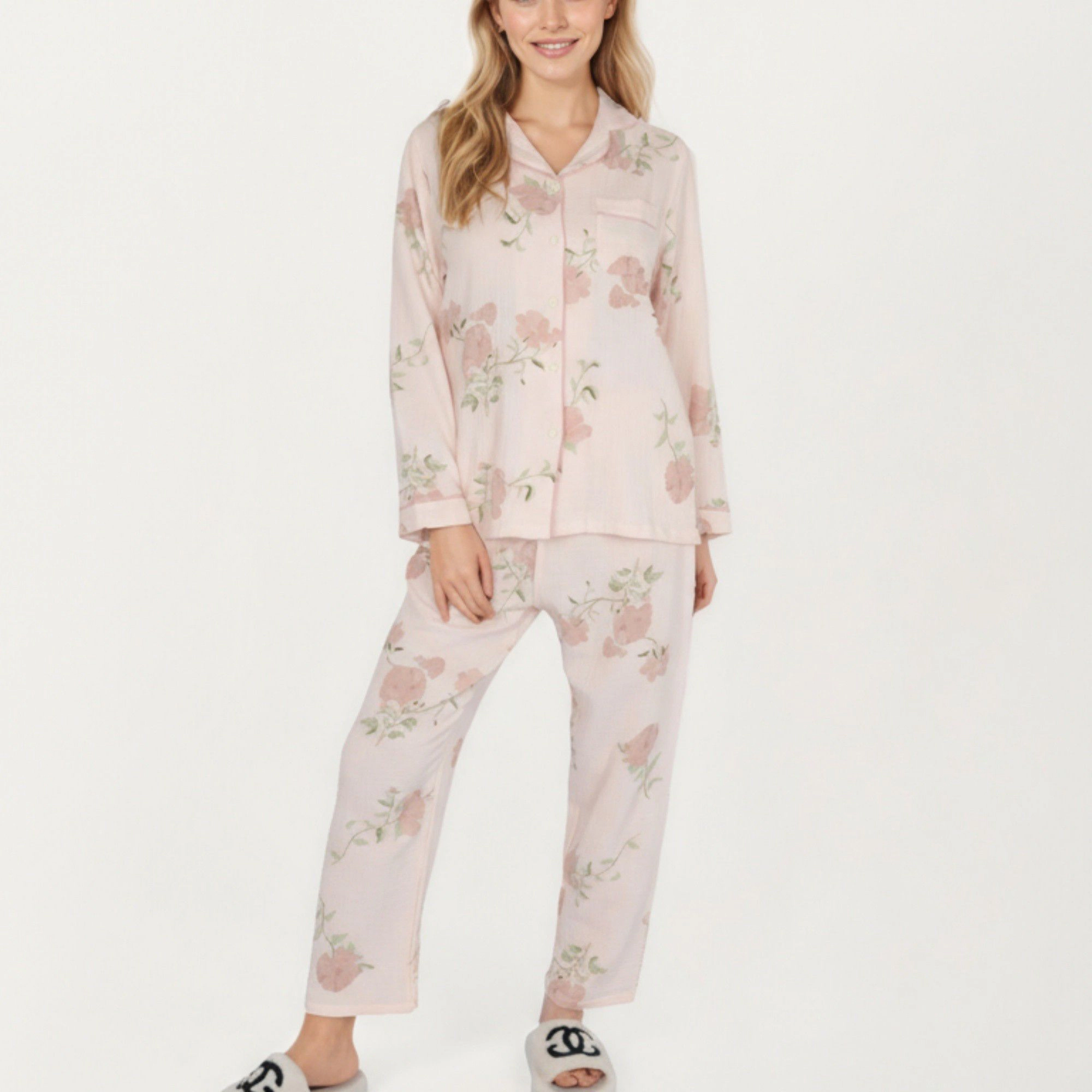 Anna-Kaci Women's 2-Piece Long Sleeve Button Front Pajama Top with Matching Relaxed Fit Pants Floral Print Sleepwear