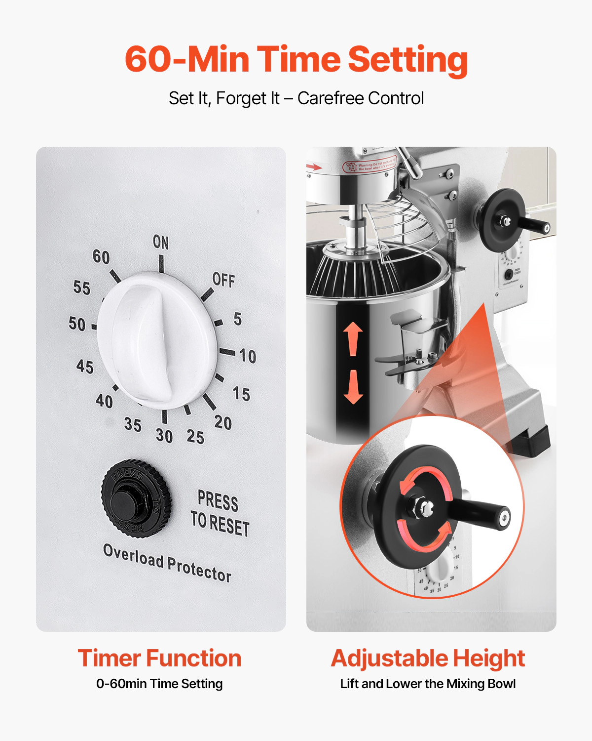 HONGGE Commercial Food Mixer 3 Speeds Adjustable 110/ 178/390 RPM Heavy Duty 110V with Stainless Steel Bowl Dough Hooks