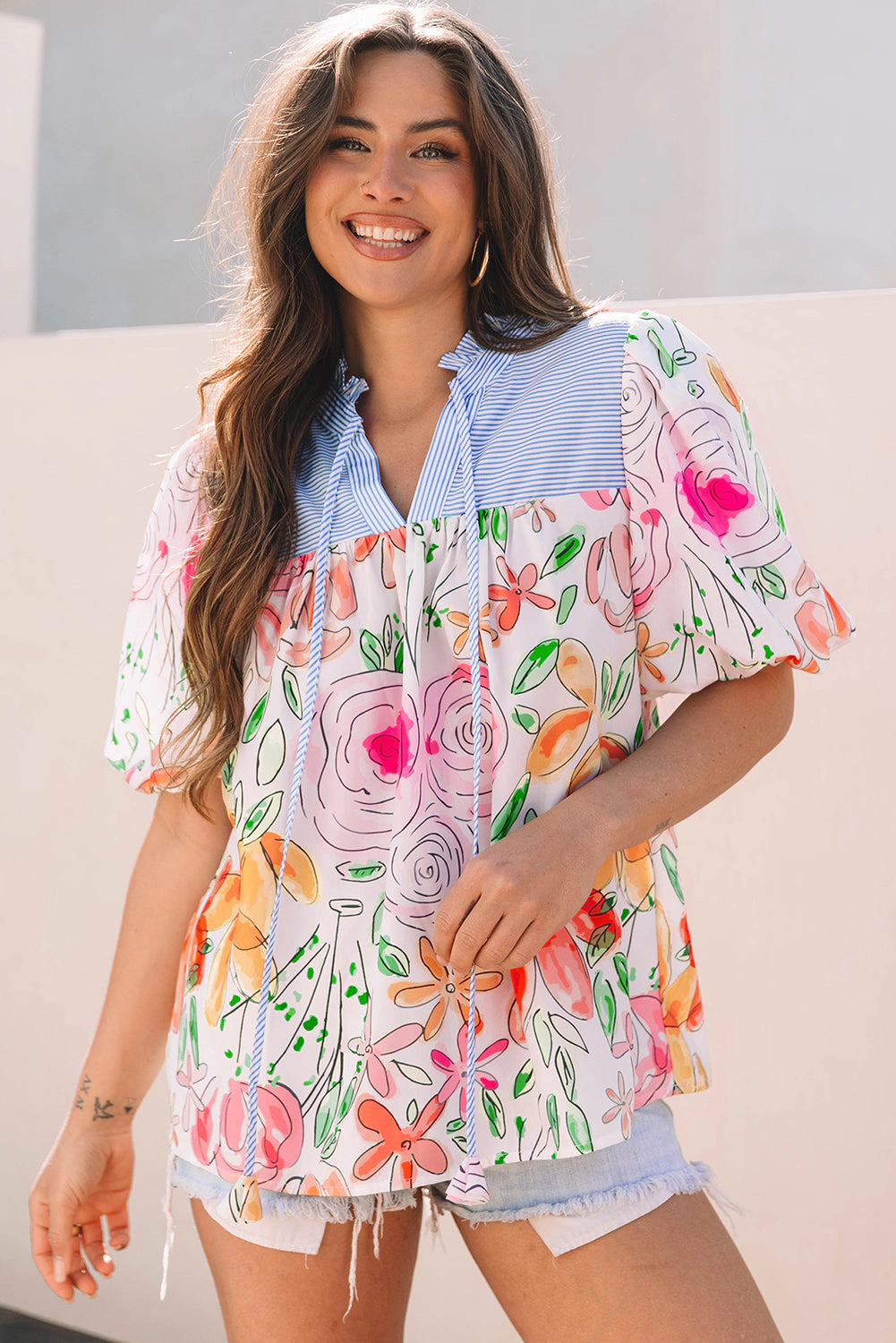 Threaded Pear Women's Cameron Floral Striped Yoke Blouse