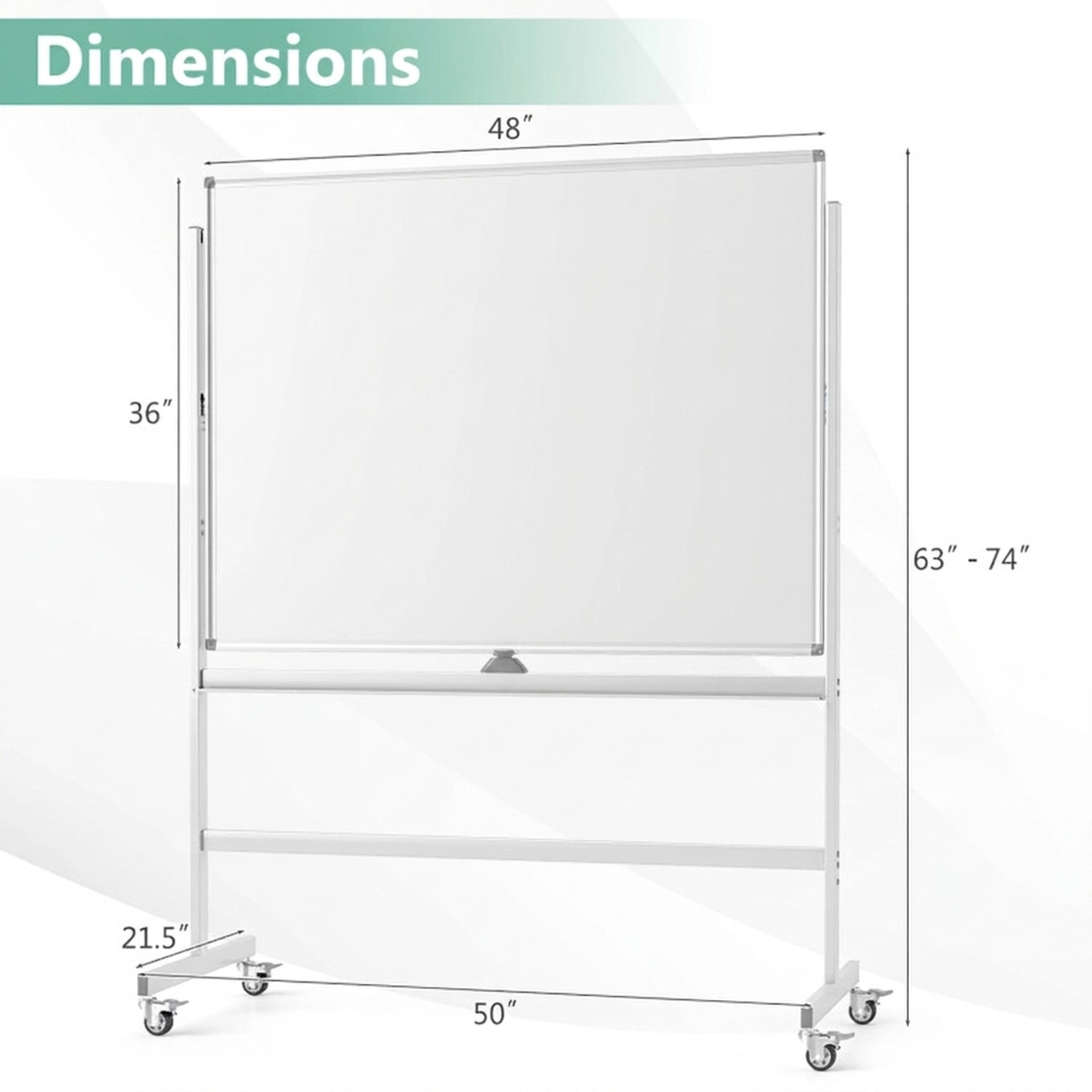 SUGIFT 48-in x 36-in Double-Sided Magnetic Dry Erase Board Rolling Whiteboard 50-in x 21.5-in x 63-in 2 Heights White