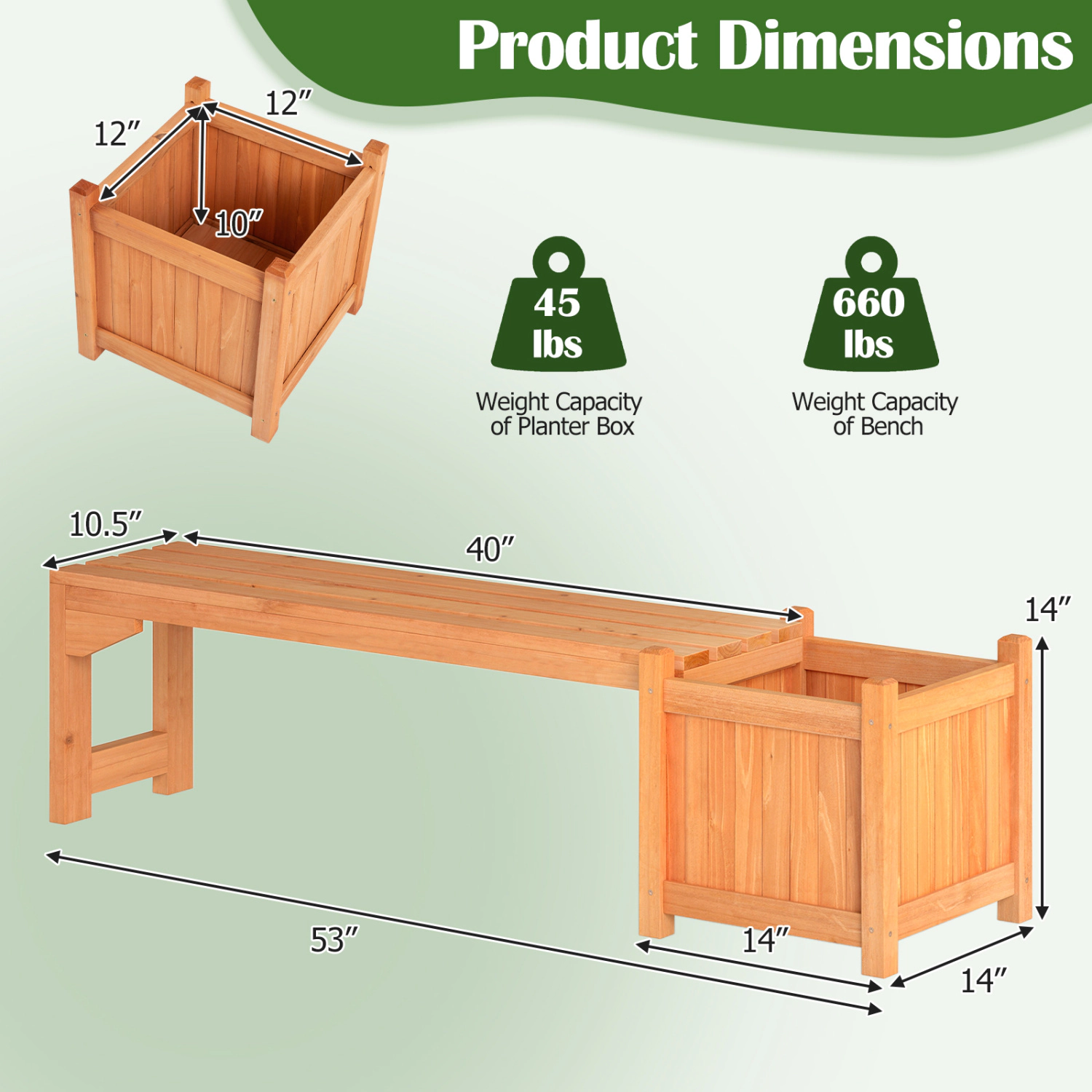 LJG Set of 2 Outdoor Bench with Raised Garden Bed with Spacious Seat and Detachable Bottom Plates